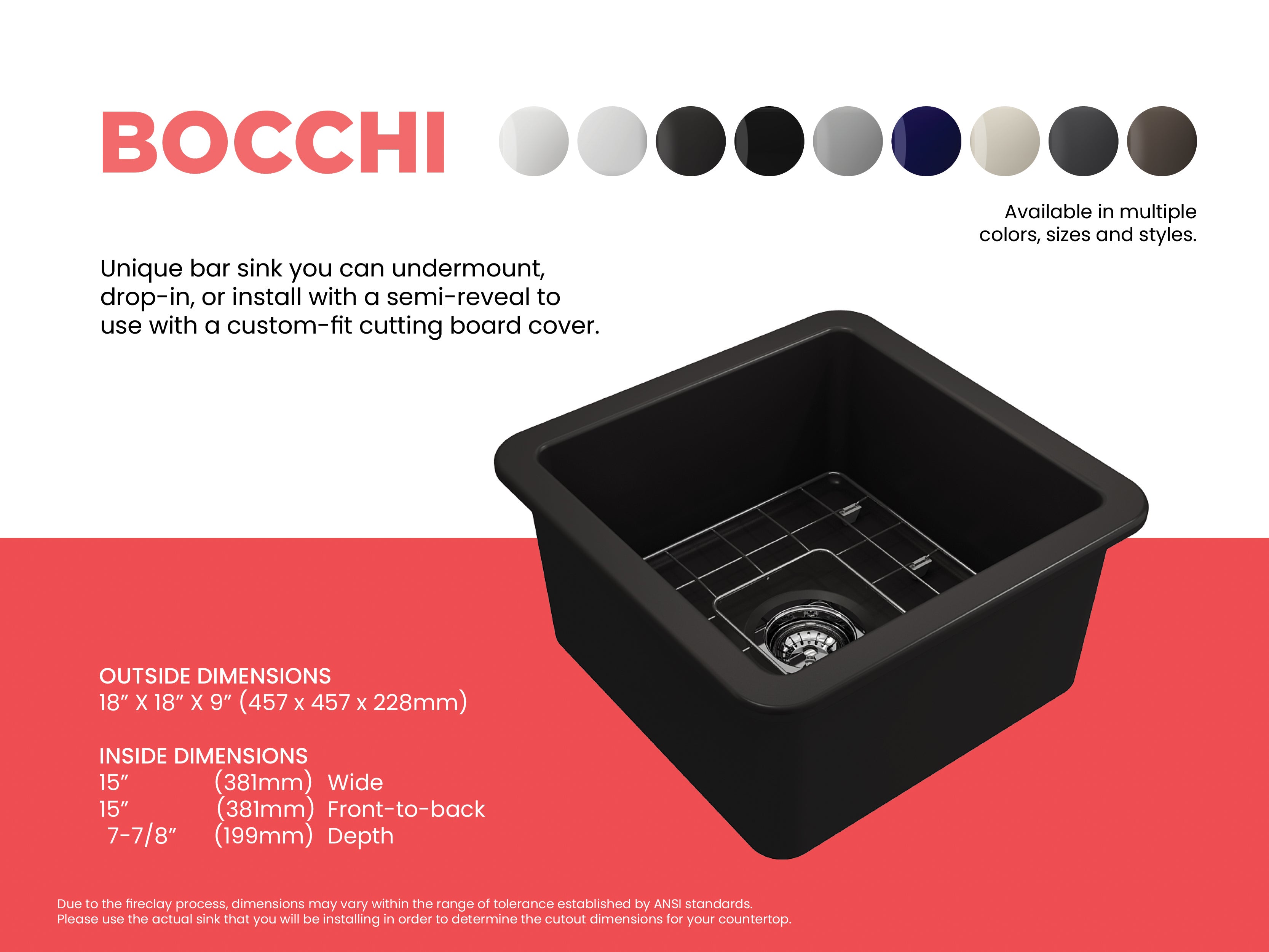 BOCCHI Sotto 18" Fireclay Undermount Single Bowl Bar Sink with Protective Bottom Grid and Strainer, Matte Black, 1359-004-0120