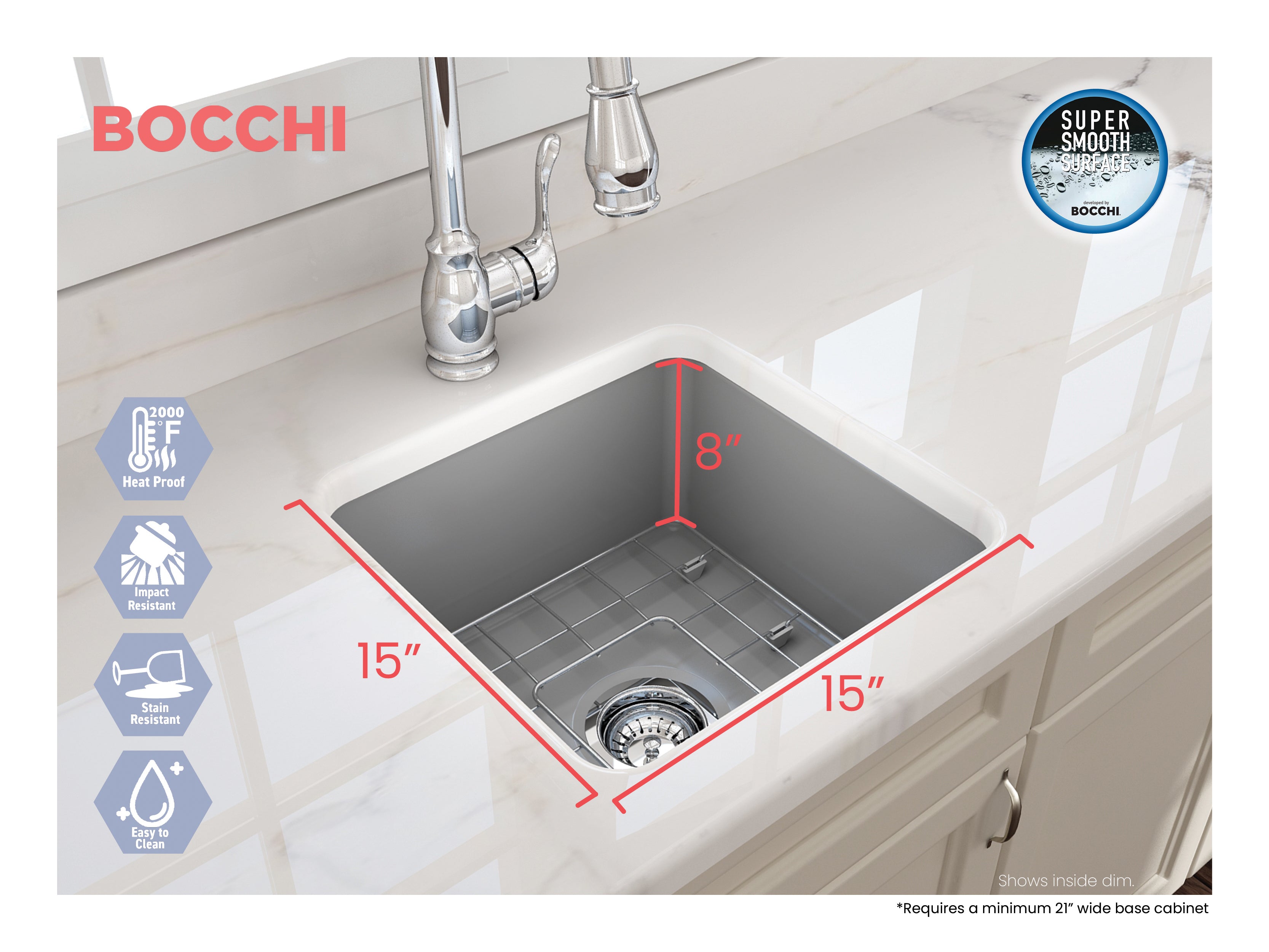 BOCCHI Sotto 18" Fireclay Undermount Single Bowl Bar Sink with Protective Bottom Grid and Strainer, Matte Gray, 1359-006-0120