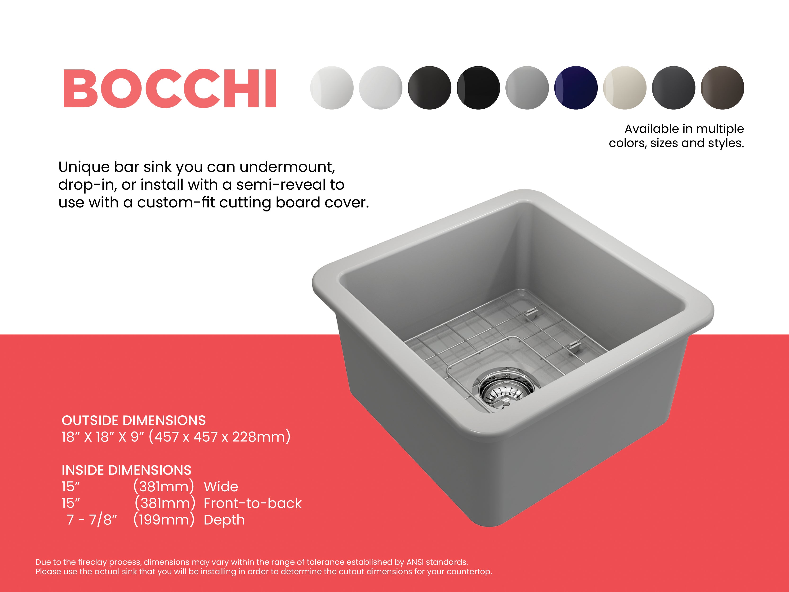 BOCCHI Sotto 18" Fireclay Undermount Single Bowl Bar Sink with Protective Bottom Grid and Strainer, Matte Gray, 1359-006-0120