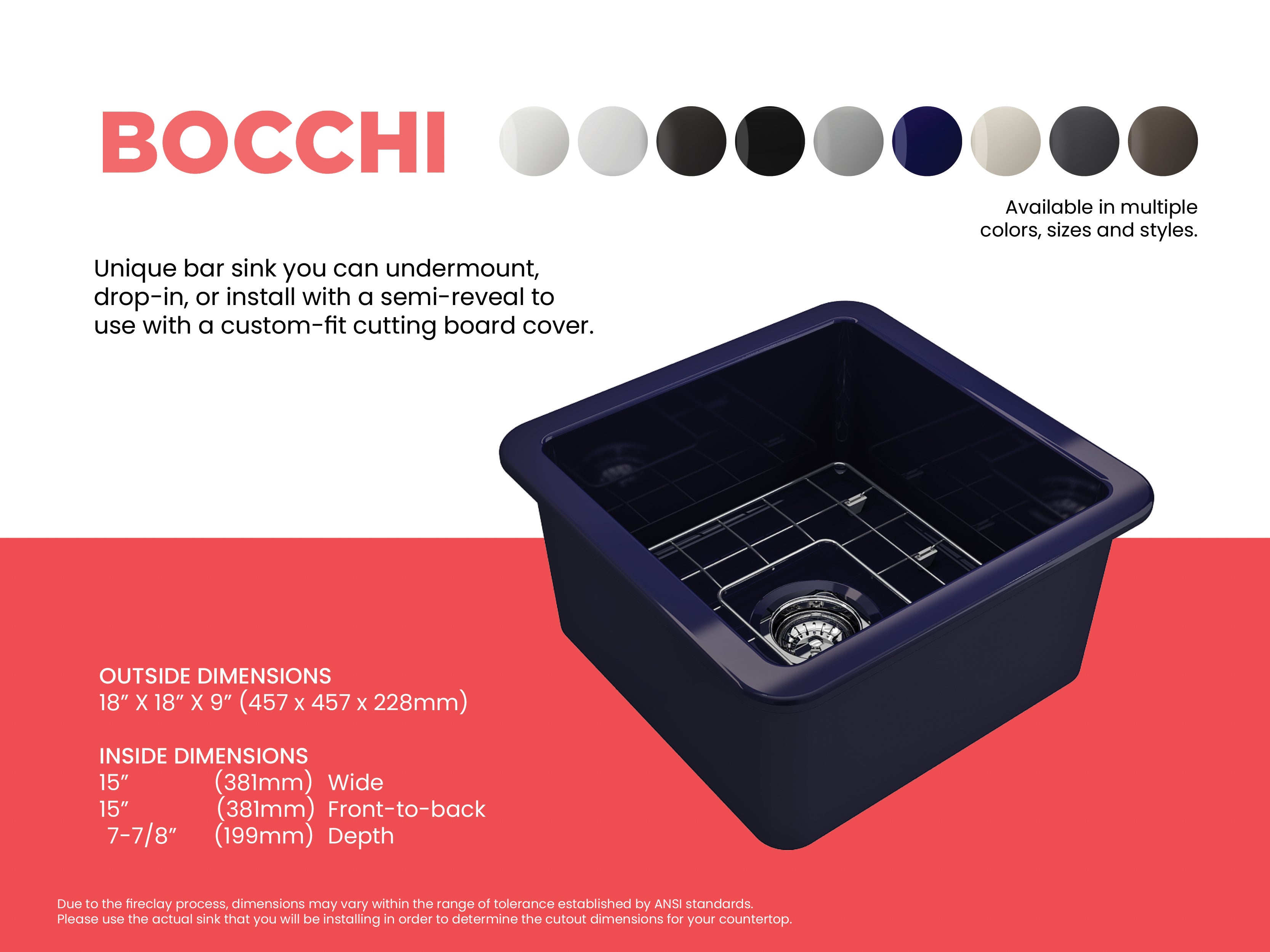 BOCCHI Sotto 18" Fireclay Undermount Single Bowl Bar Sink with Protective Bottom Grid and Strainer, Sapphire Blue, 1359-010-0120