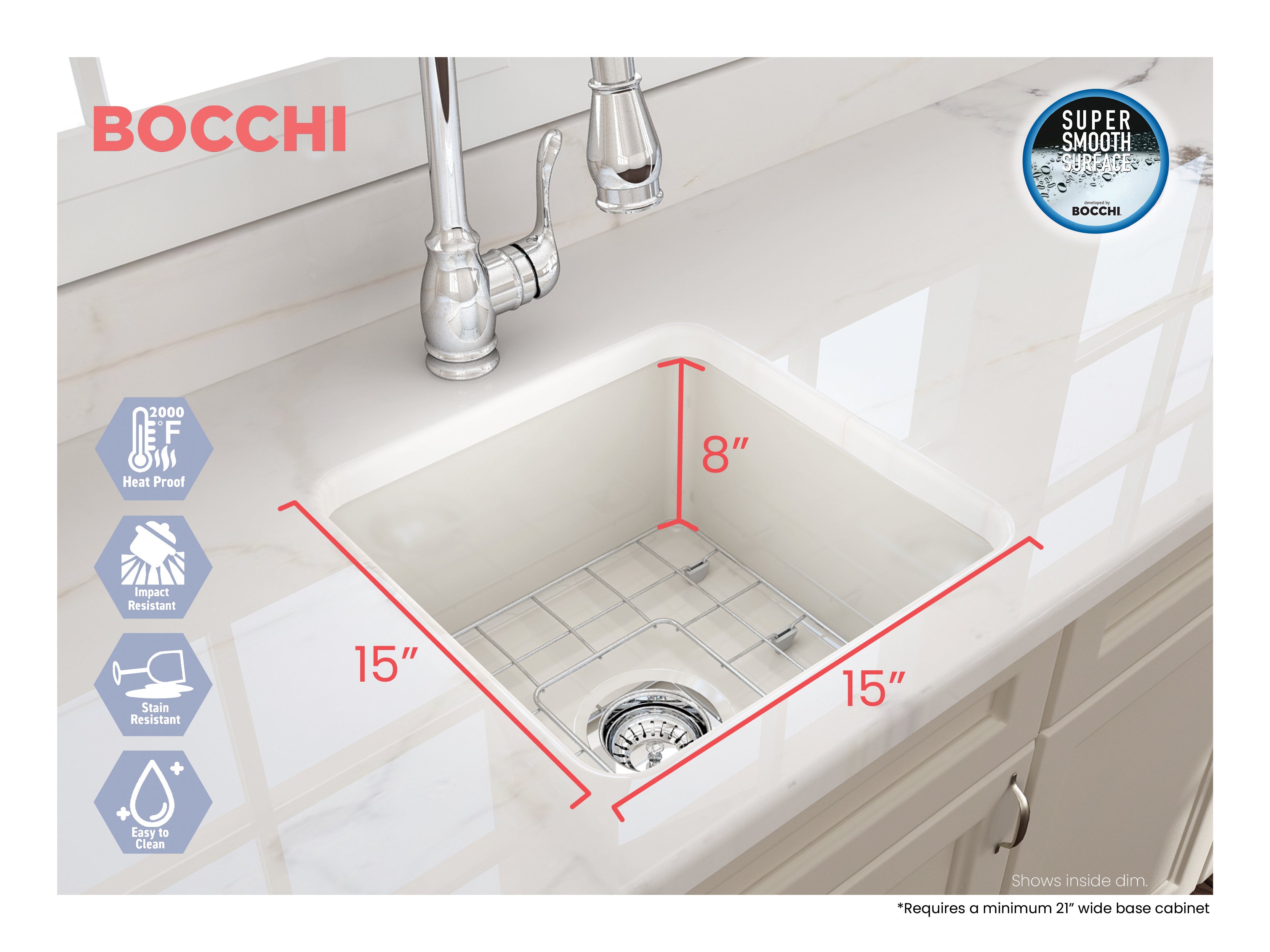 BOCCHI Sotto 18" Fireclay Undermount Single Bowl Bar Sink with Protective Bottom Grid and Strainer, Biscuit, 1359-014-0120