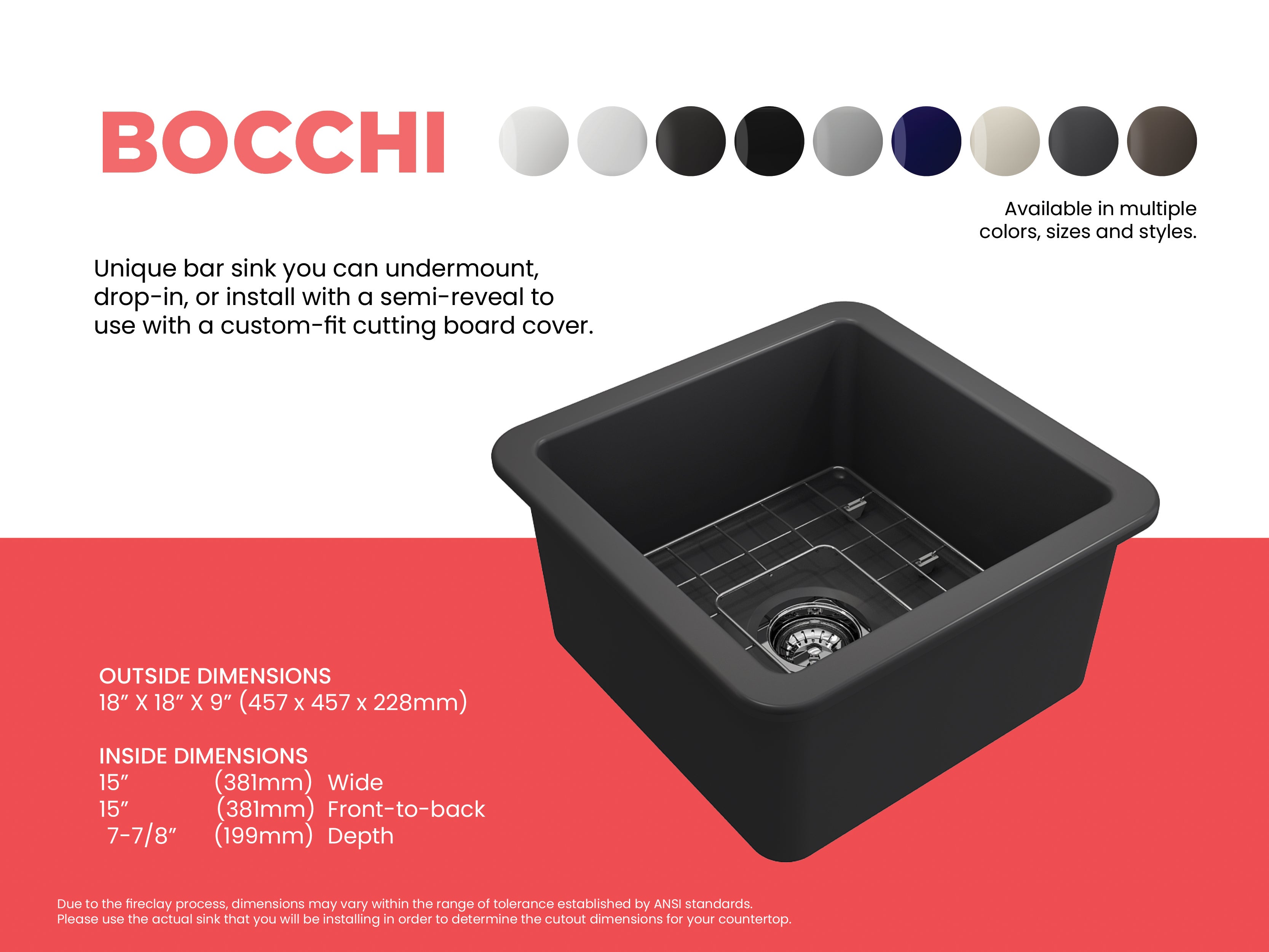 BOCCHI Sotto 18" Fireclay Undermount Single Bowl Bar Sink with Protective Bottom Grid and Strainer, Matte Dark Gray, 1359-020-0120