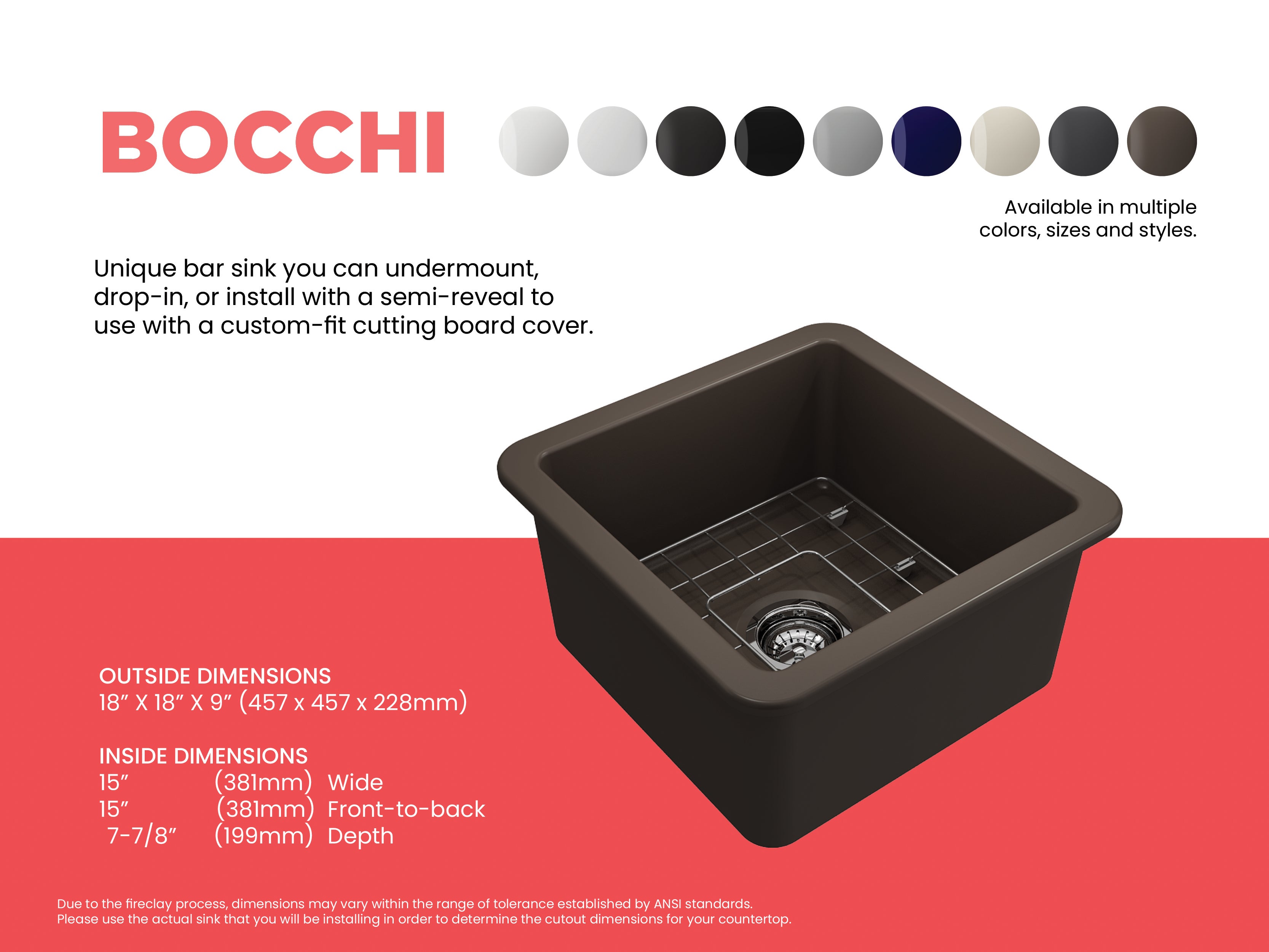 BOCCHI Sotto 18" Fireclay Undermount Single Bowl Bar Sink with Protective Bottom Grid and Strainer, Matte Brown, 1359-025-0120