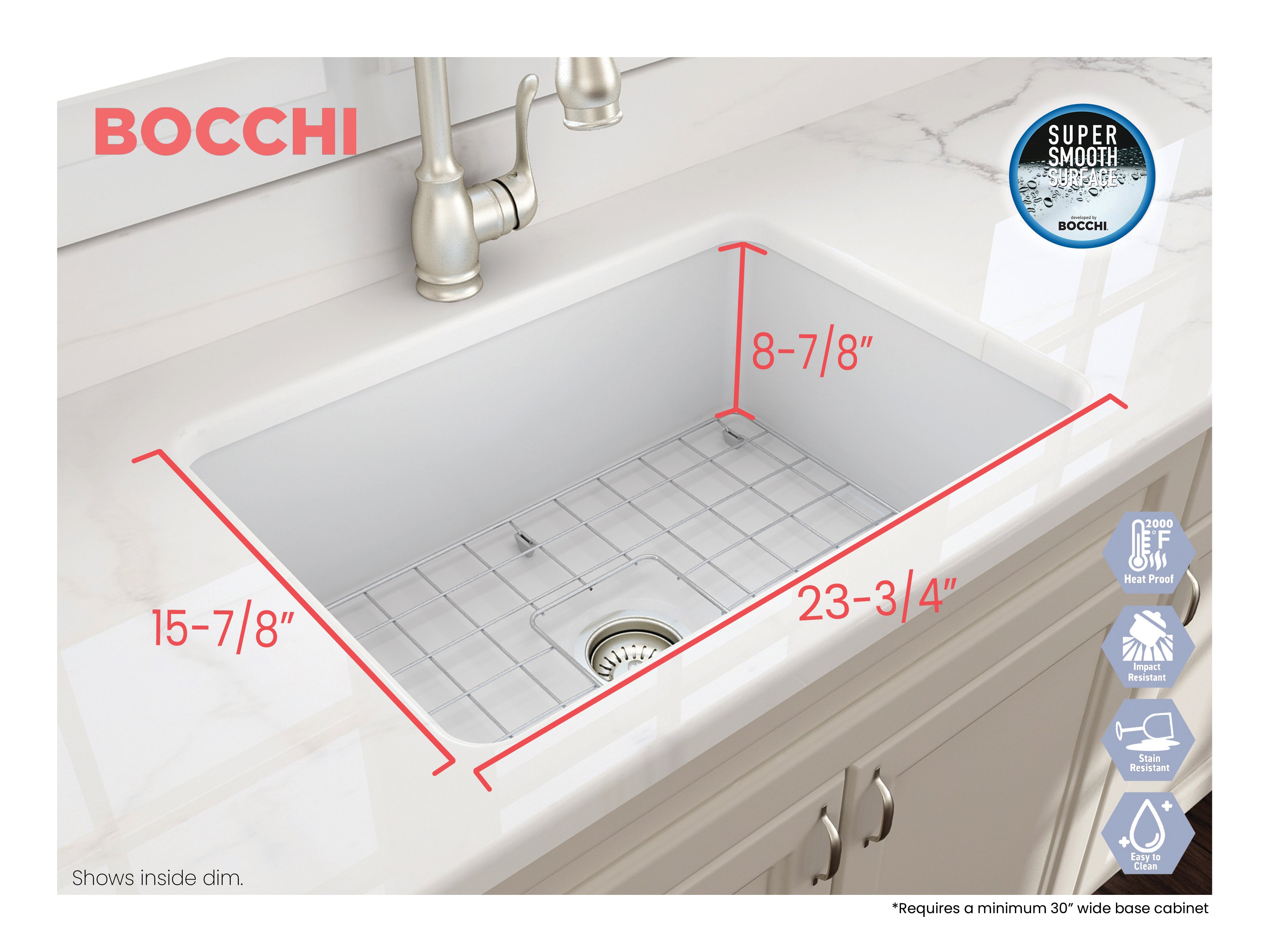 BOCCHI Sotto 27" Fireclay Dual Mount Single Bowl Kitchen Sink, Matte White, 1360-002-0120
