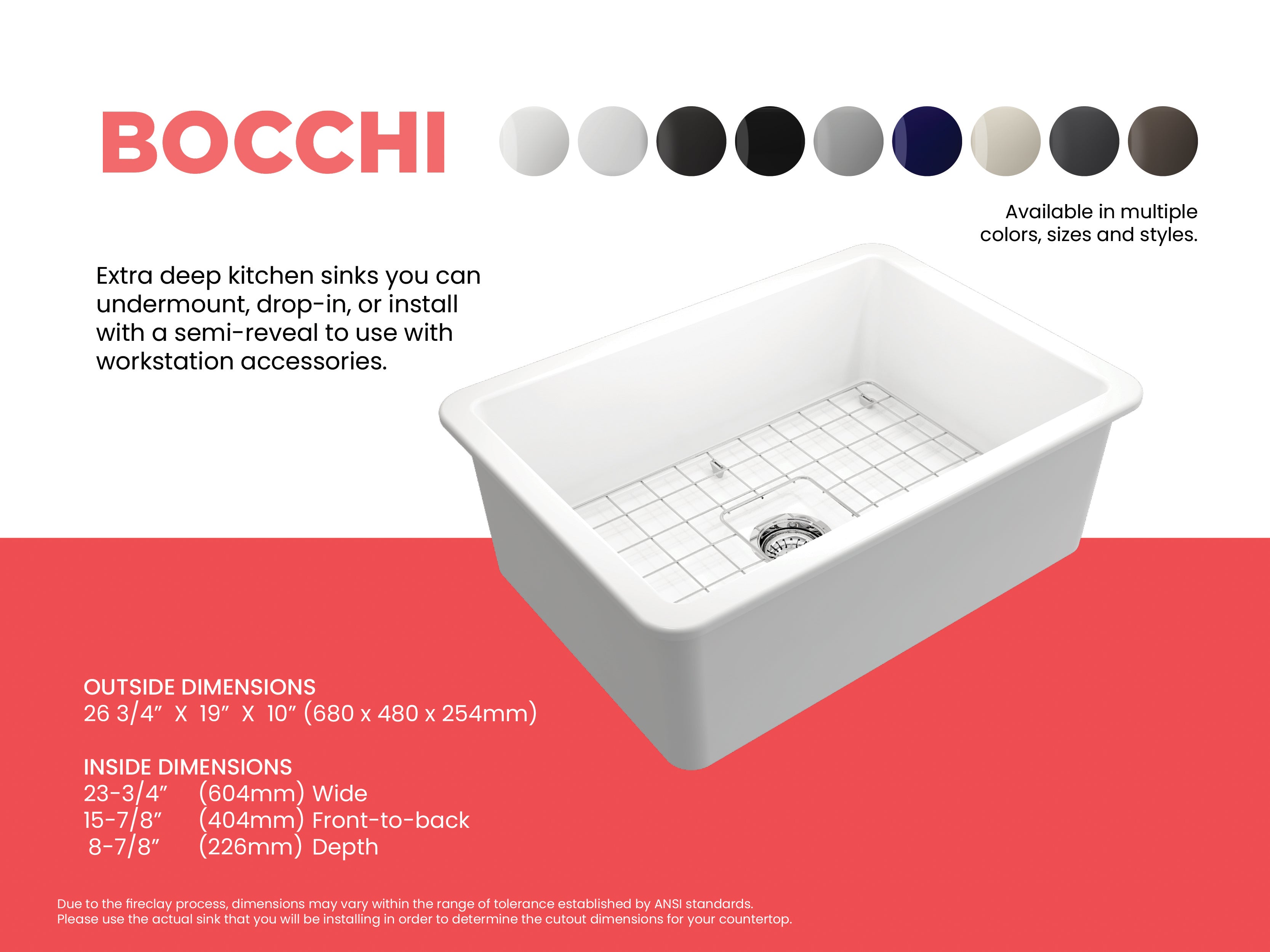 BOCCHI Sotto 27" Fireclay Dual Mount Single Bowl Kitchen Sink, Matte White, 1360-002-0120