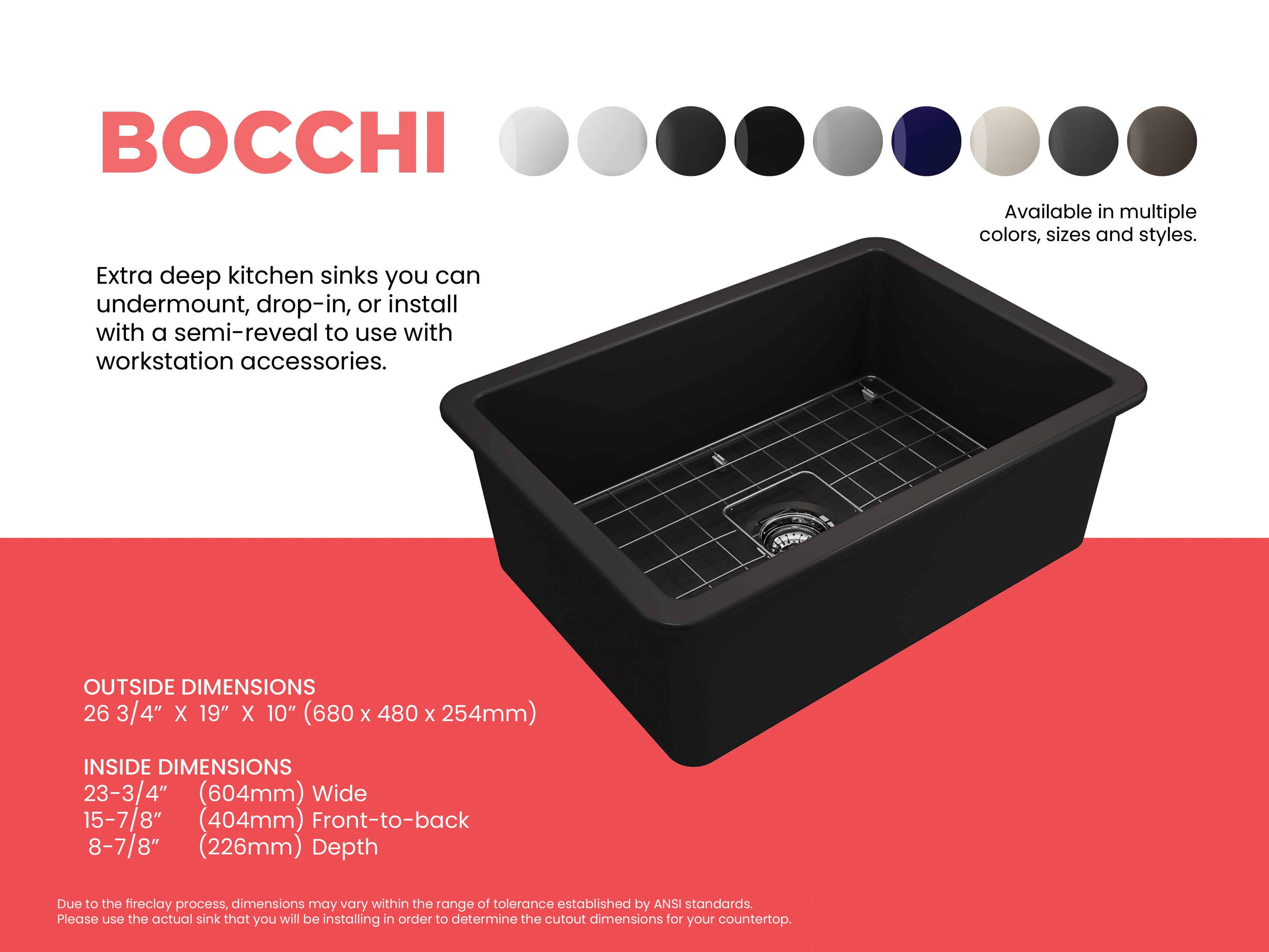 BOCCHI Sotto 27" Fireclay Dual Mount Single Bowl Kitchen Sink, Matte Black, 1360-004-0120