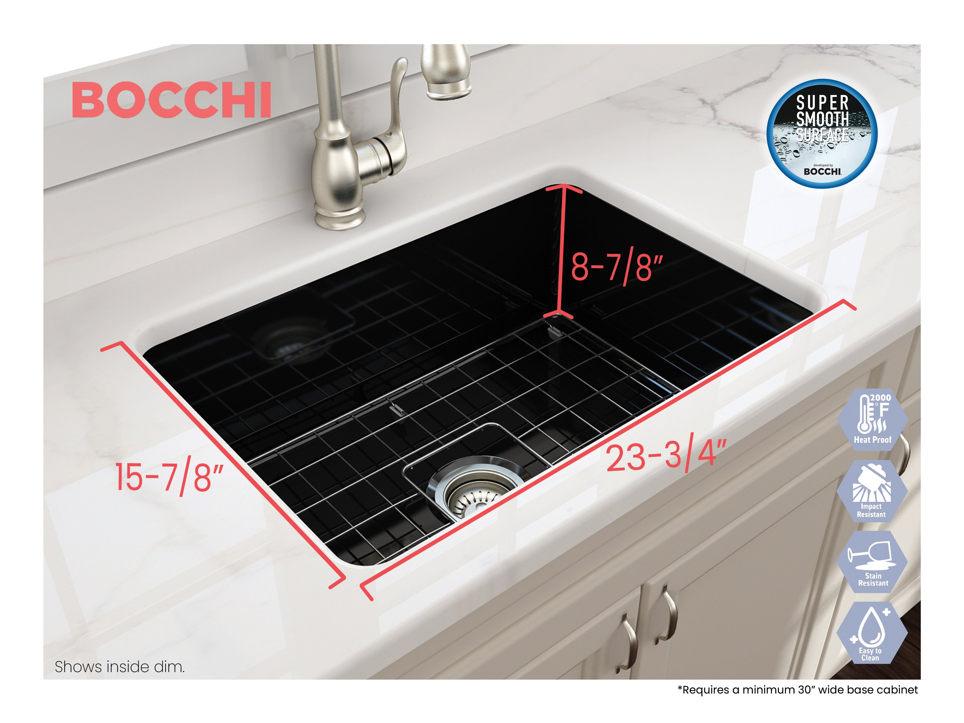BOCCHI Sotto 27" Fireclay Dual Mount Single Bowl Kitchen Sink, Black, 1360-005-0120