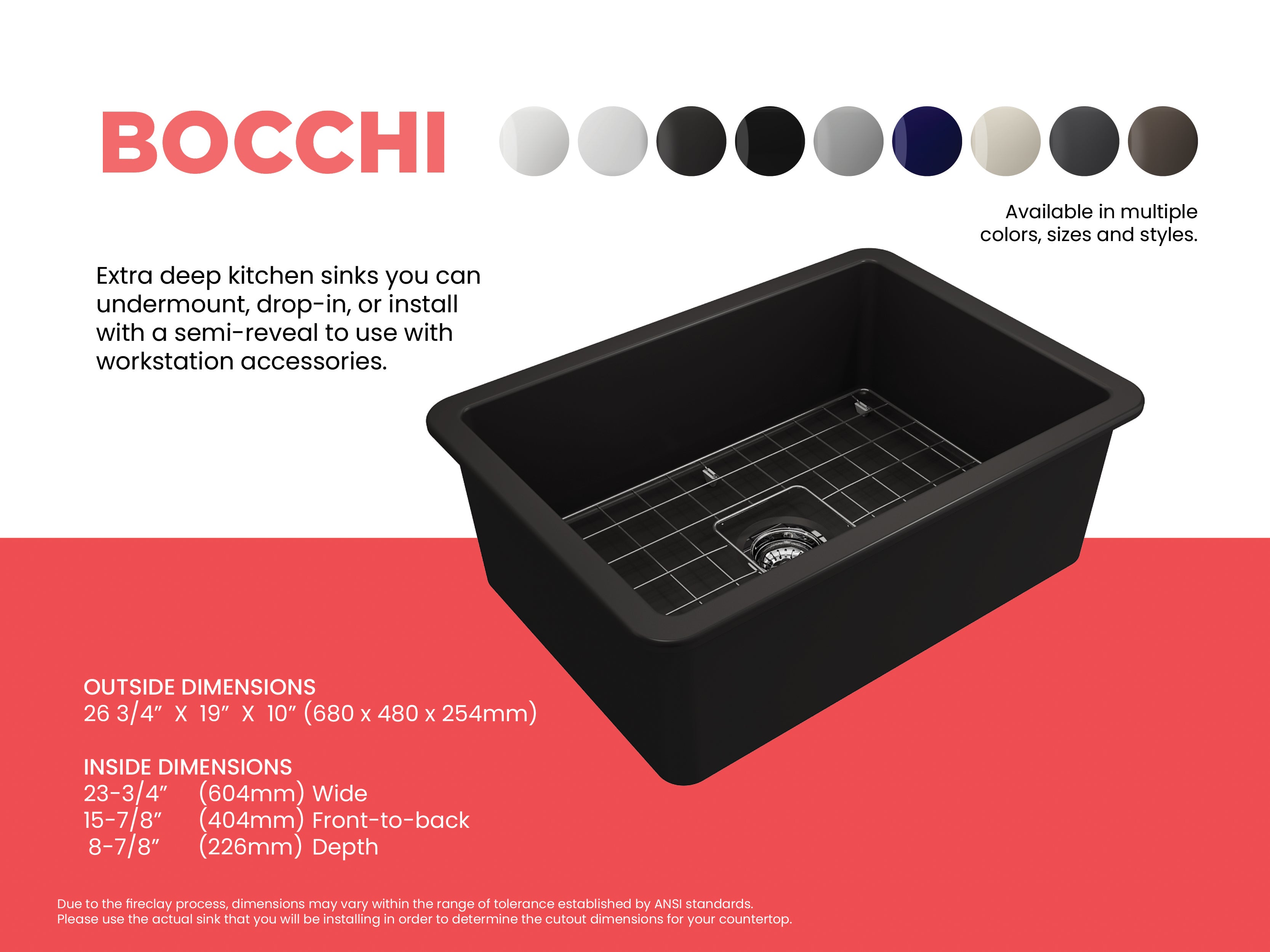 BOCCHI Sotto 27" Fireclay Dual Mount Single Bowl Kitchen Sink, Black, 1360-005-0120