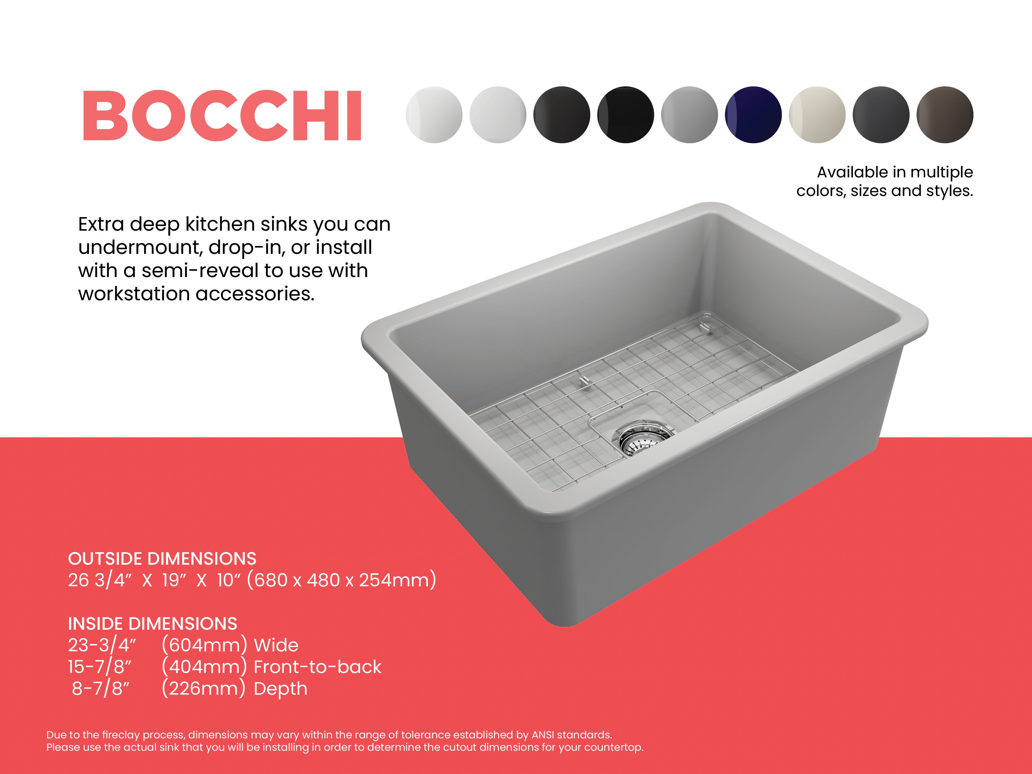 BOCCHI Sotto 27" Fireclay Dual Mount Single Bowl Kitchen Sink, Matte Gray, 1360-006-0120
