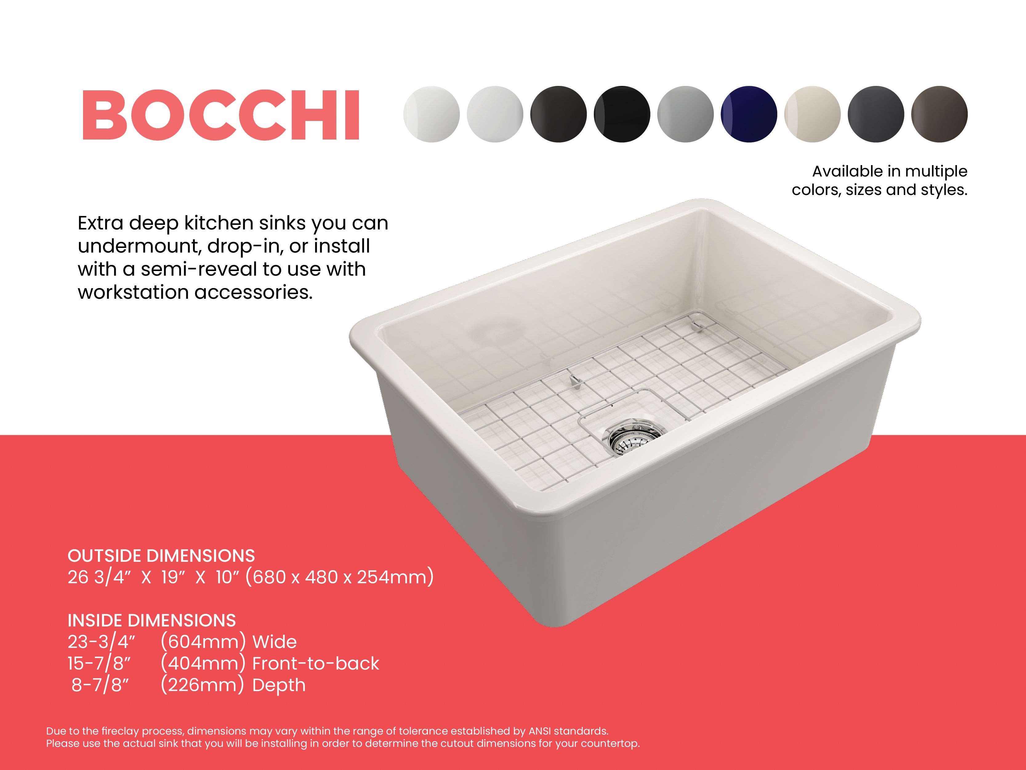 BOCCHI Sotto 27" Fireclay Dual Mount Single Bowl Kitchen Sink, Biscuit, 1360-014-0120
