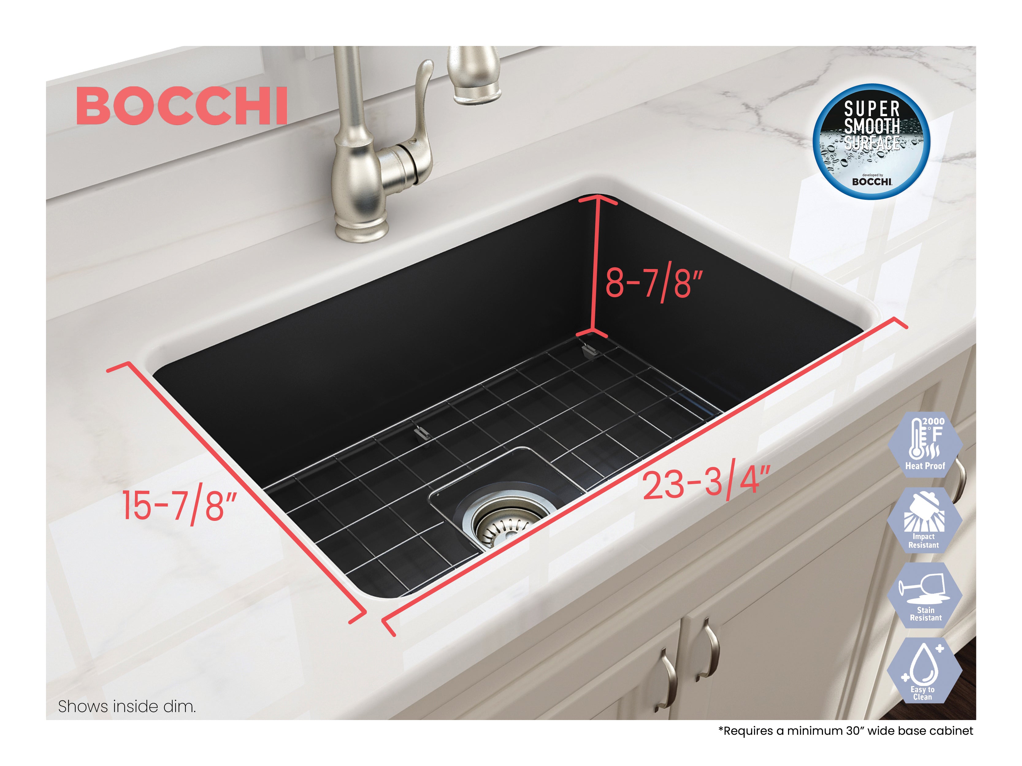 BOCCHI Sotto 27" Fireclay Dual Mount Single Bowl Kitchen Sink, Matte Dark Gray, 1360-020-0120