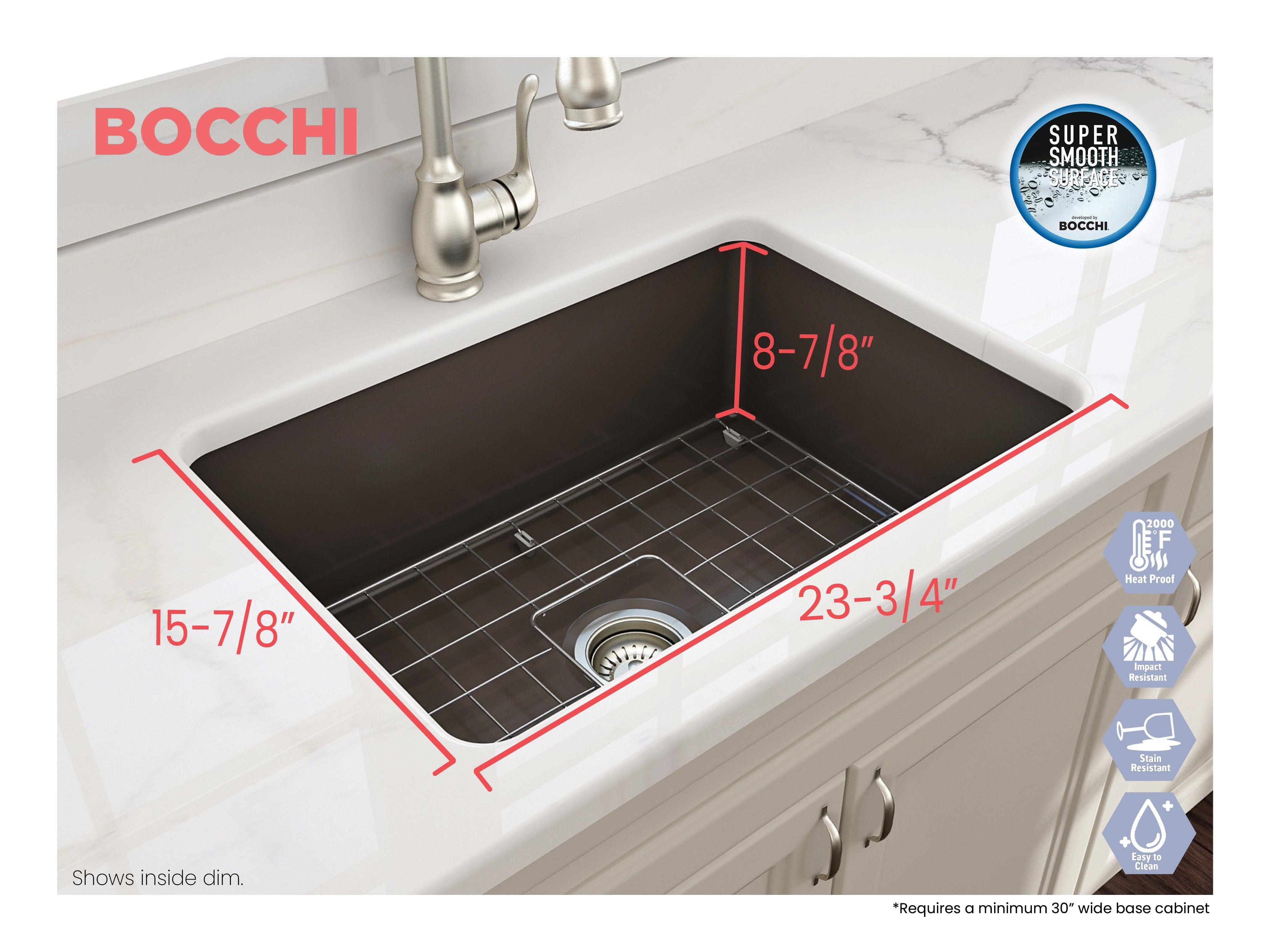BOCCHI Sotto 27" Fireclay Dual Mount Single Bowl Kitchen Sink, Matte Brown, 1360-025-0120