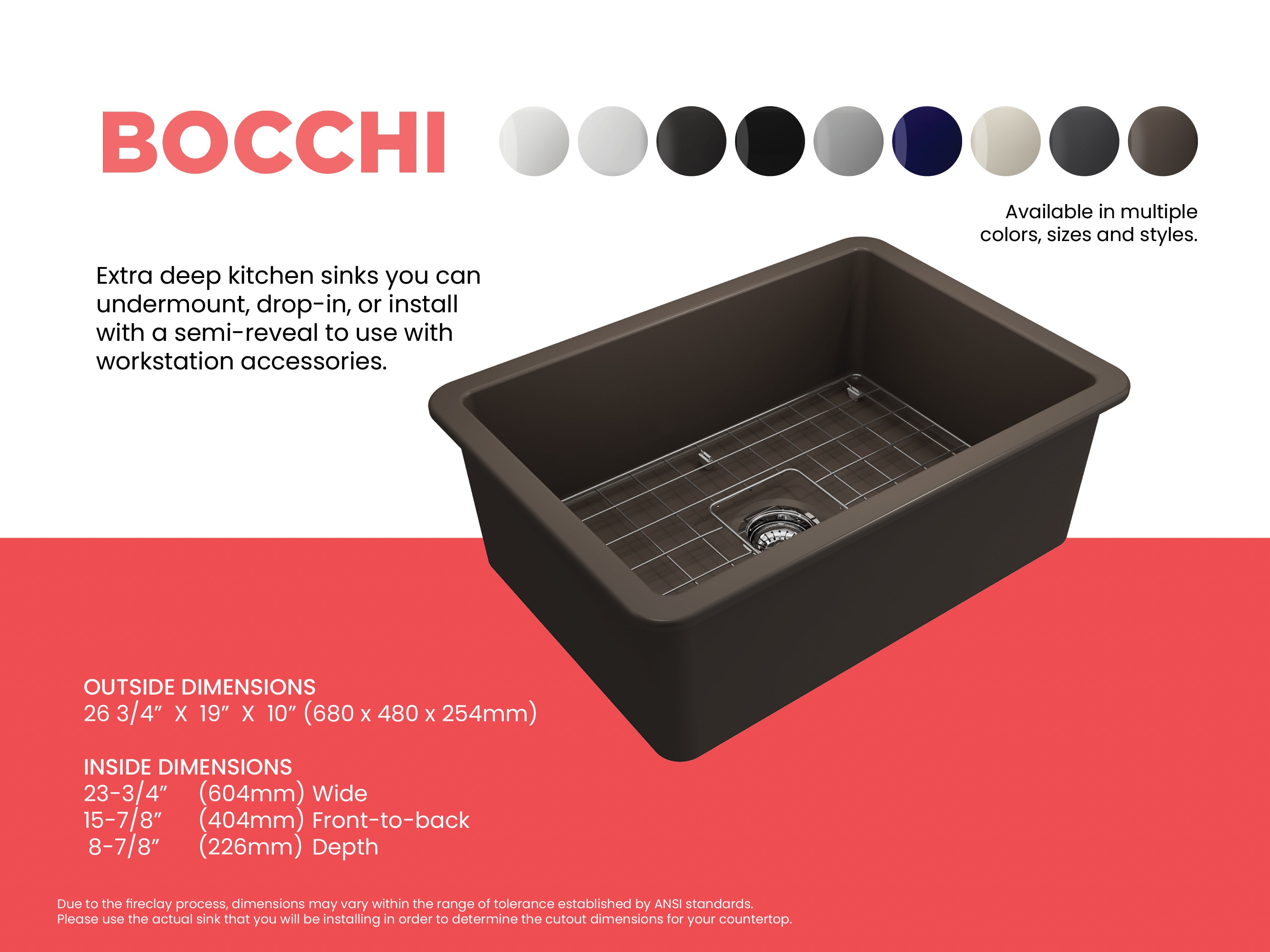 BOCCHI Sotto 27" Fireclay Dual Mount Single Bowl Kitchen Sink, Matte Brown, 1360-025-0120