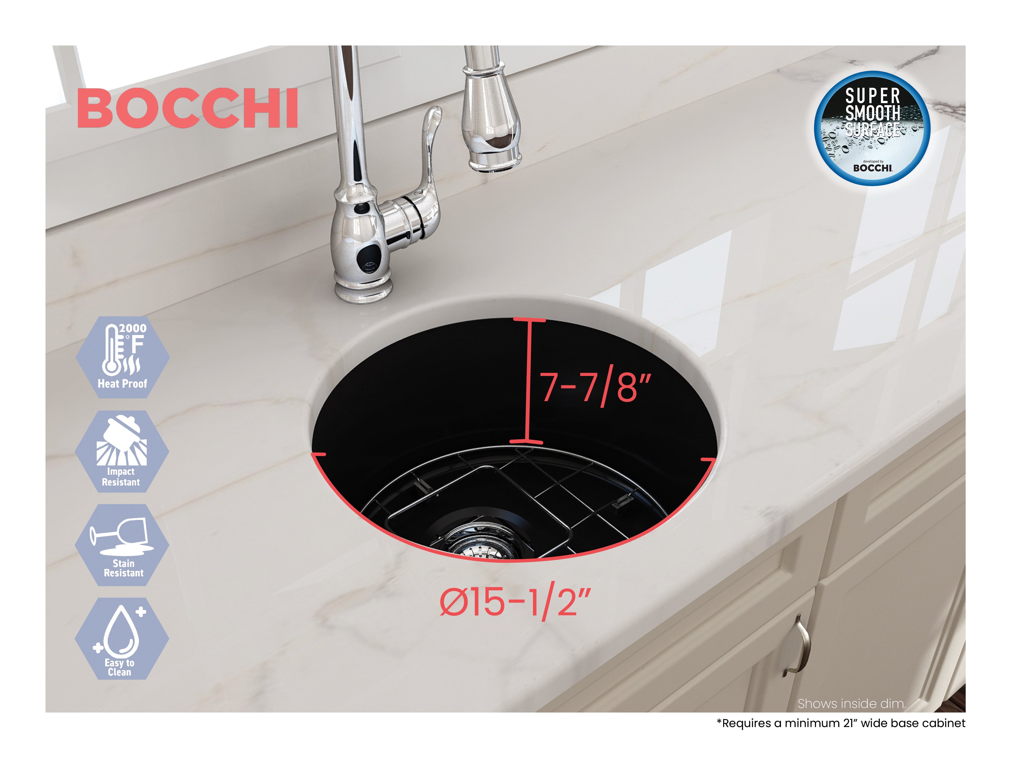 BOCCHI Sotto 18.5" Round Fireclay Undermount Single Bowl Bar Sink with Protective Bottom Grid and Strainer, Matte Black, 1361-004-0120