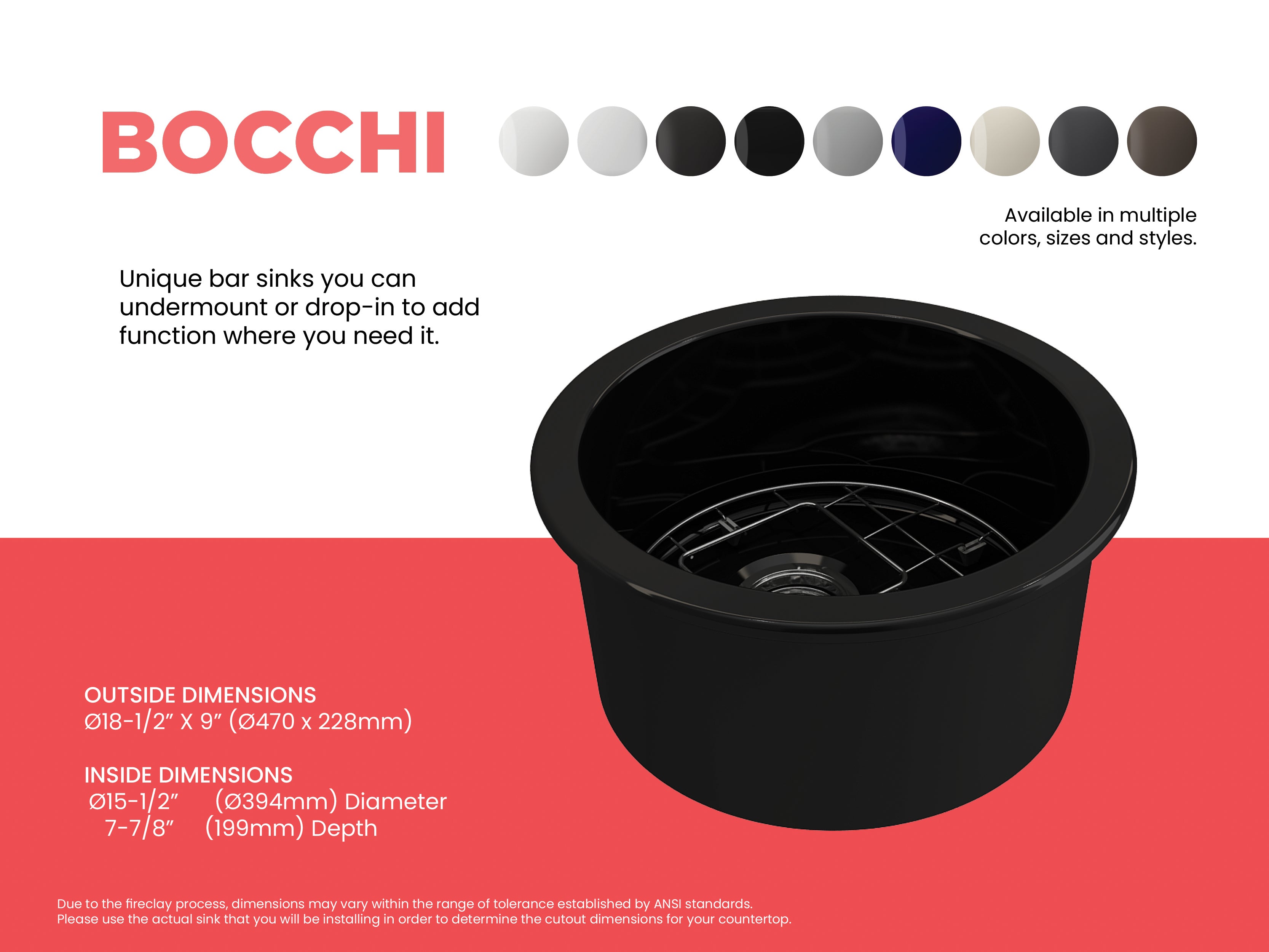BOCCHI Sotto 18.5" Round Fireclay Undermount Single Bowl Bar Sink with Protective Bottom Grid and Strainer, Black, 1361-005-0120