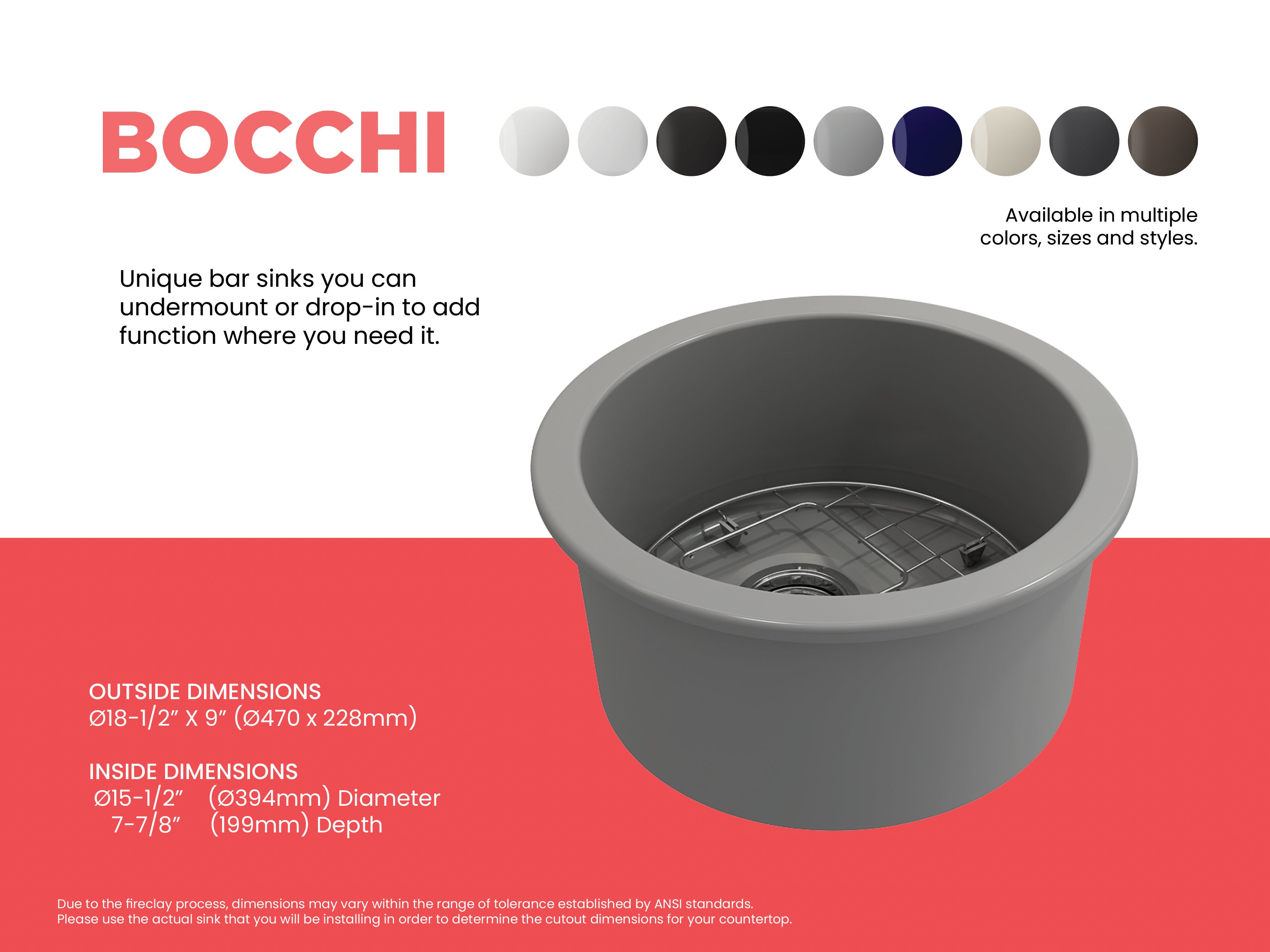 BOCCHI Sotto 18.5" Round Fireclay Undermount Single Bowl Bar Sink with Protective Bottom Grid and Strainer, Matte Gray, 1361-006-0120
