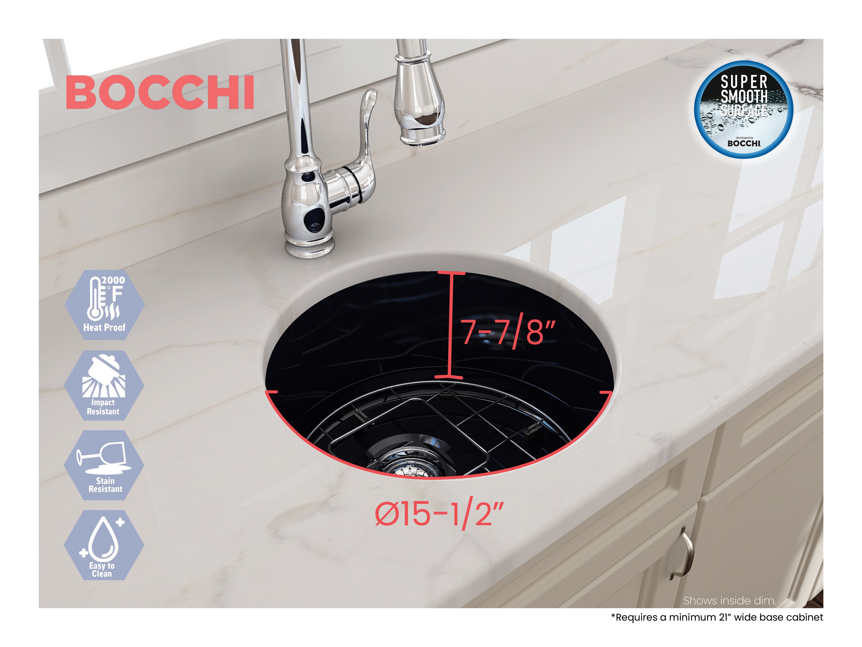 BOCCHI Sotto 18.5" Round Fireclay Undermount Single Bowl Bar Sink with Protective Bottom Grid and Strainer, Sapphire Blue, 1361-010-0120