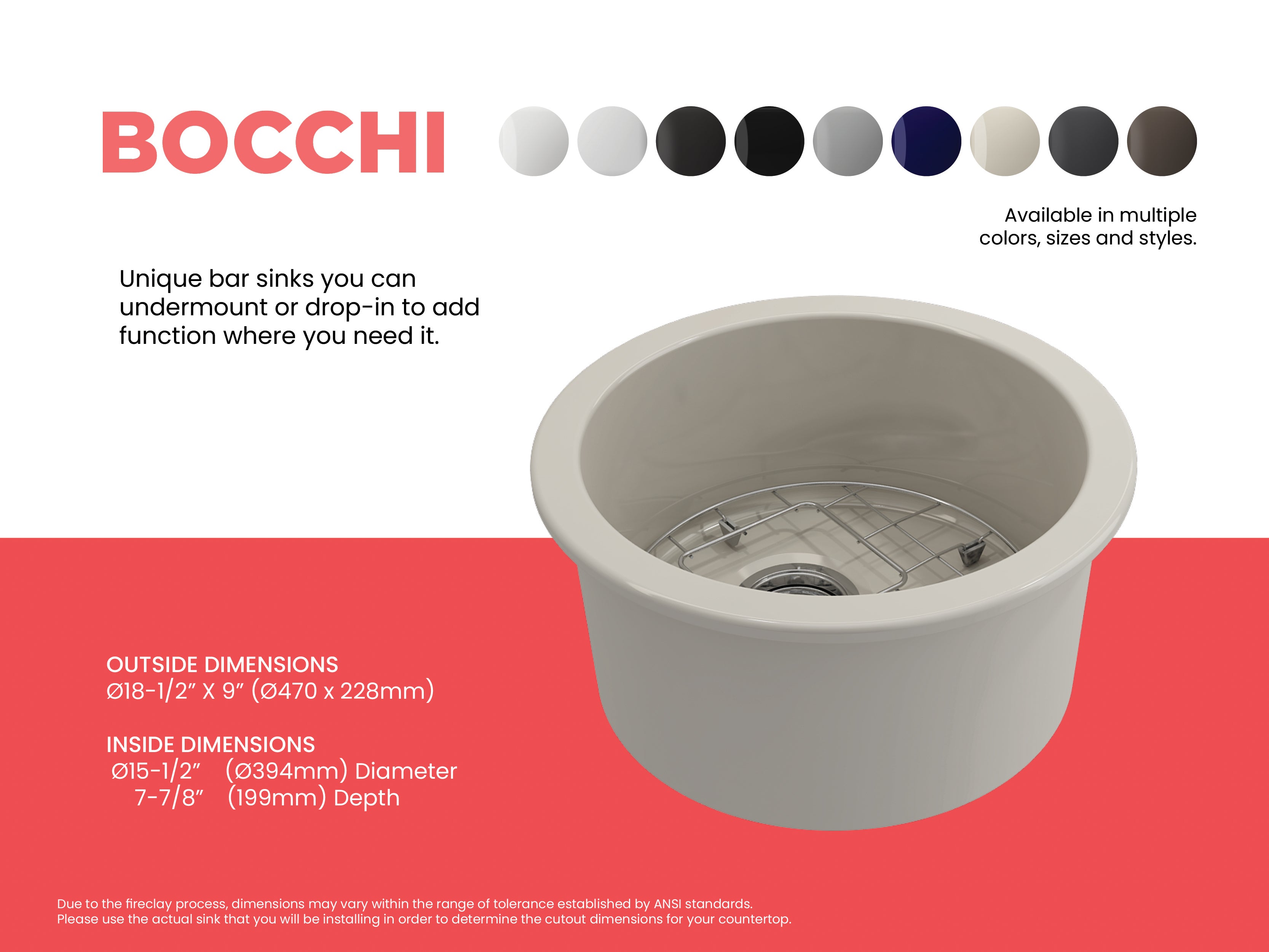 BOCCHI Sotto 18.5" Round Fireclay Undermount Single Bowl Bar Sink with Protective Bottom Grid and Strainer, Biscuit, 1361-014-0120