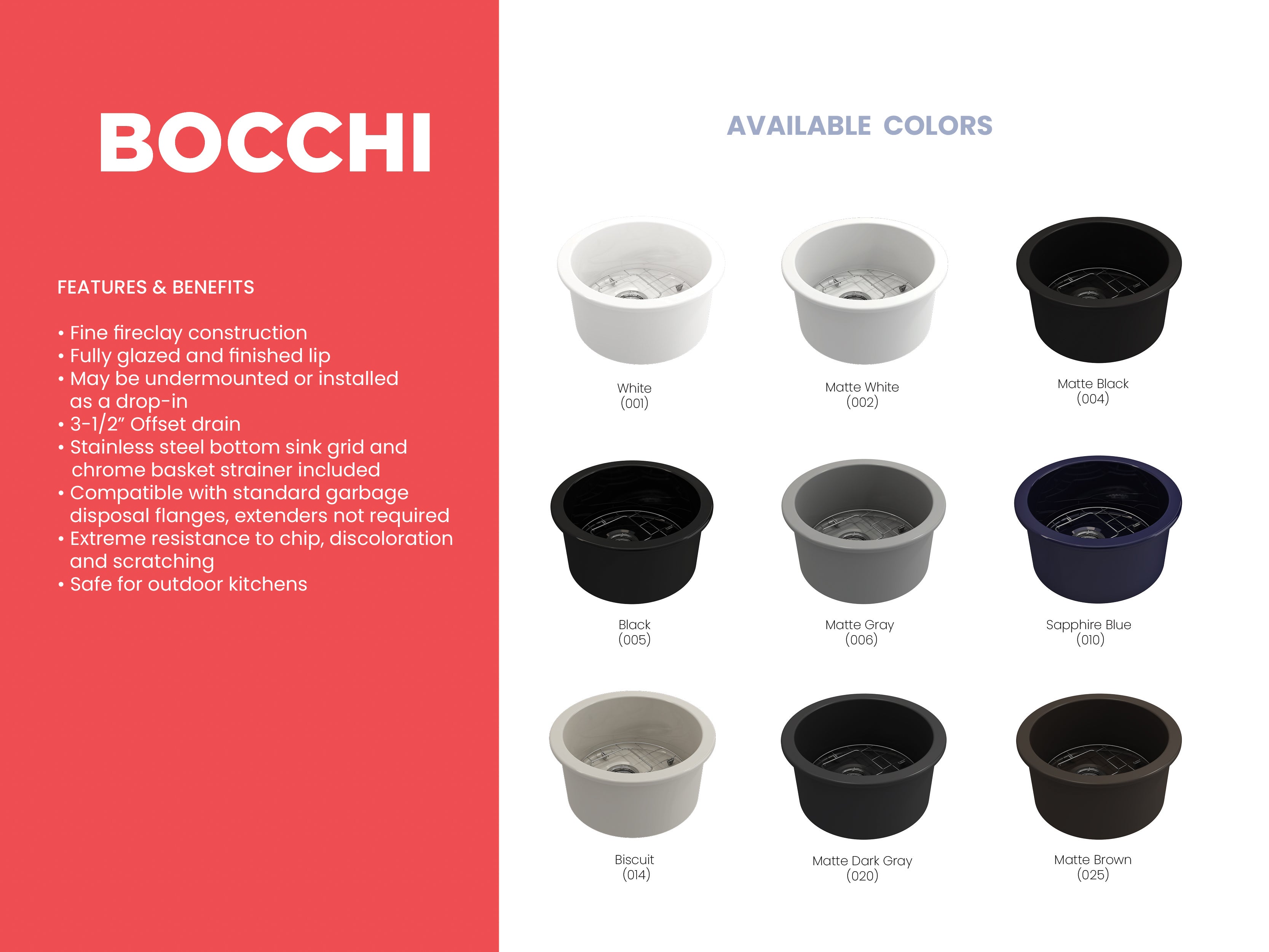 BOCCHI Sotto 18.5" Round Fireclay Undermount Single Bowl Bar Sink with Protective Bottom Grid and Strainer, Biscuit, 1361-014-0120