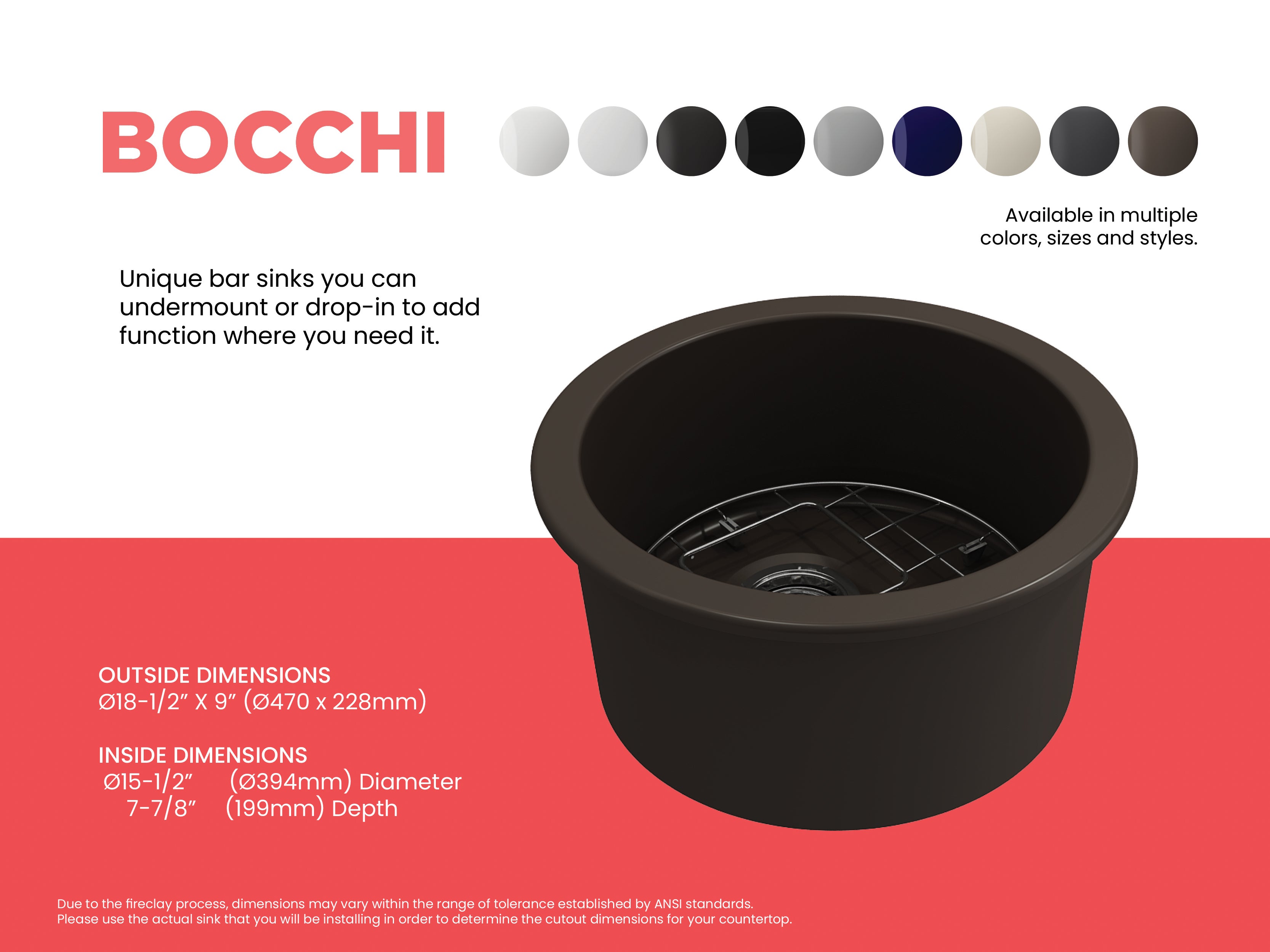 BOCCHI Sotto 18.5" Round Fireclay Undermount Single Bowl Bar Sink with Protective Bottom Grid and Strainer, Matte Brown, 1361-025-0120