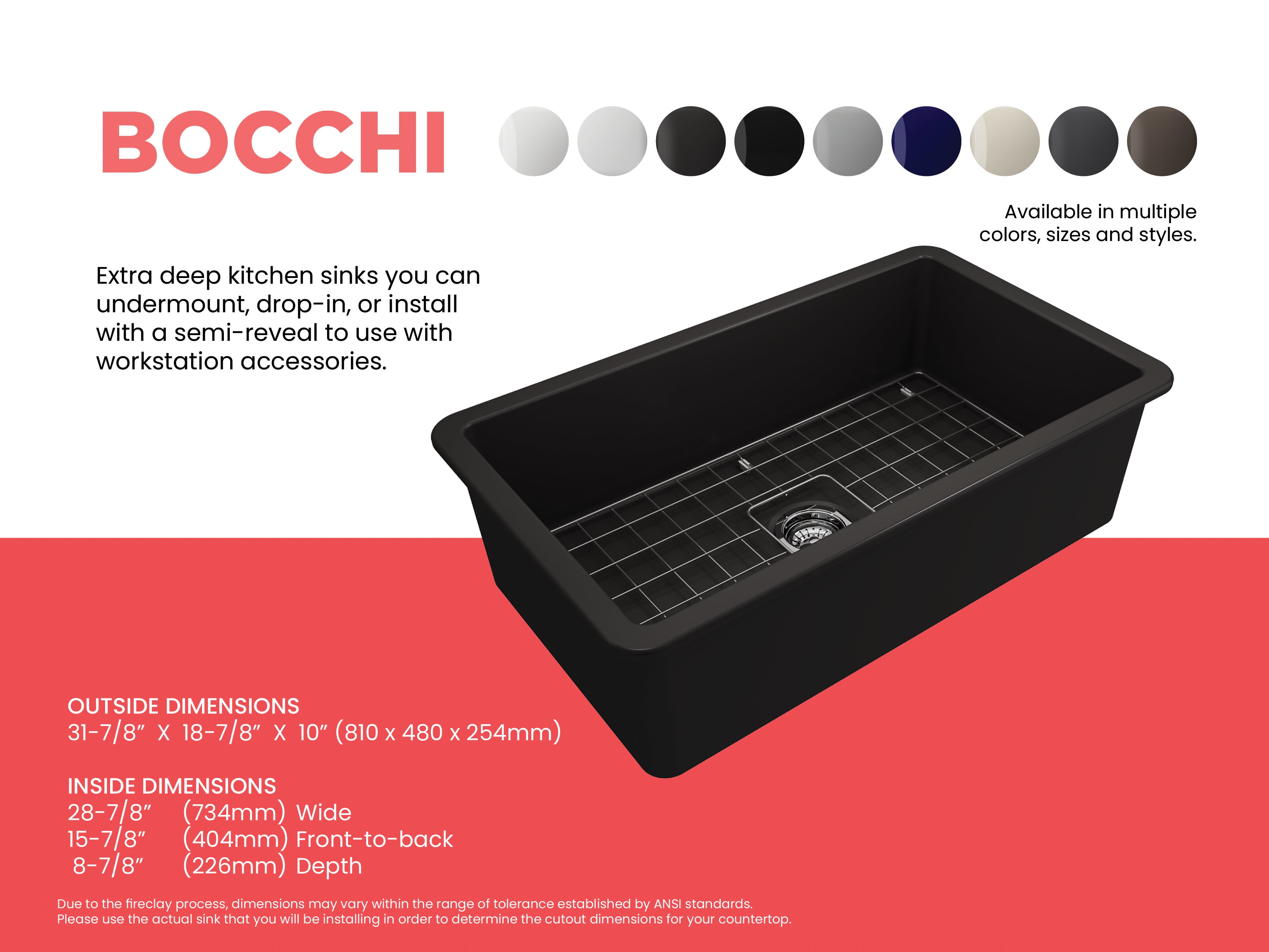 BOCCHI Sotto 32" Fireclay Undermount Single Bowl Kitchen Sink, Matte Black, 1362-004-0120
