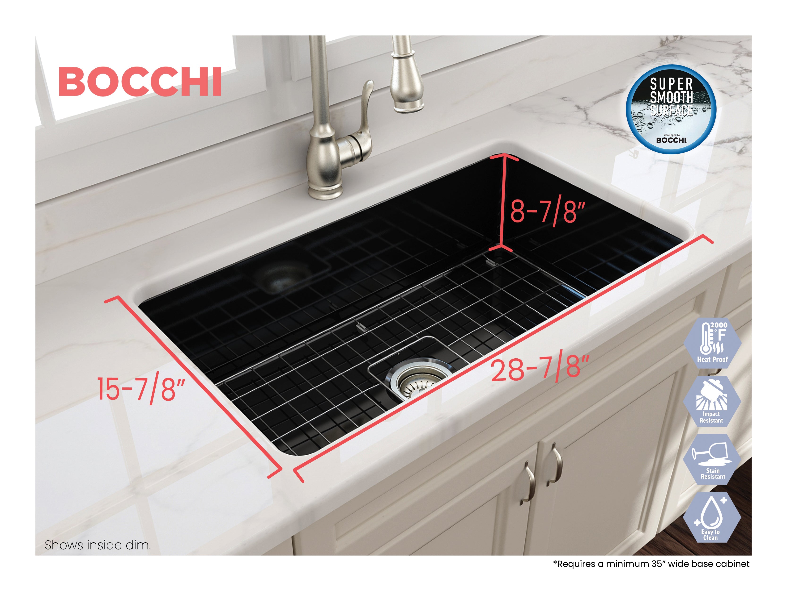 BOCCHI Sotto 32" Fireclay Undermount Single Bowl Kitchen Sink, Black, 1362-005-0120