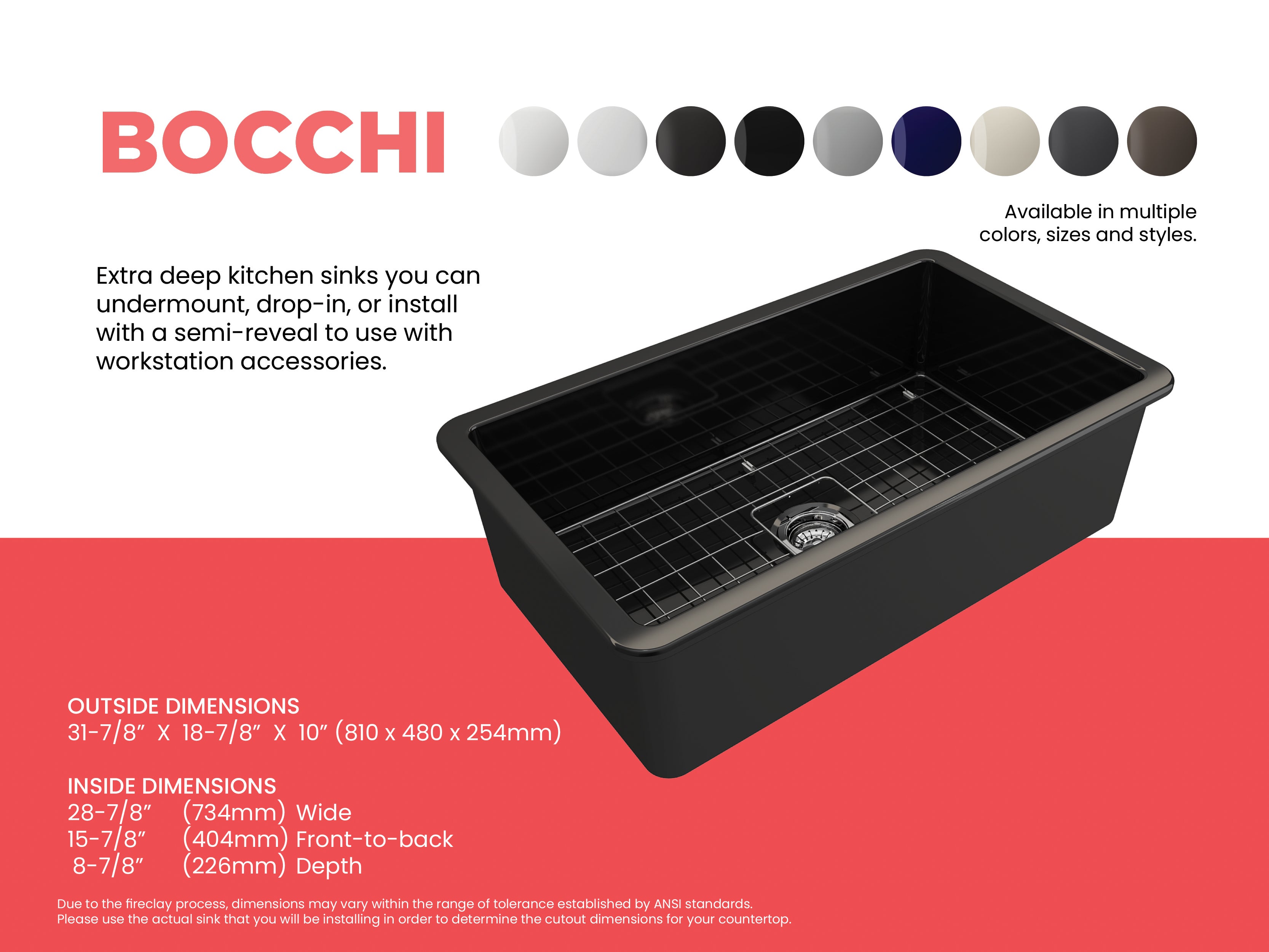 BOCCHI Sotto 32" Fireclay Undermount Single Bowl Kitchen Sink, Black, 1362-005-0120