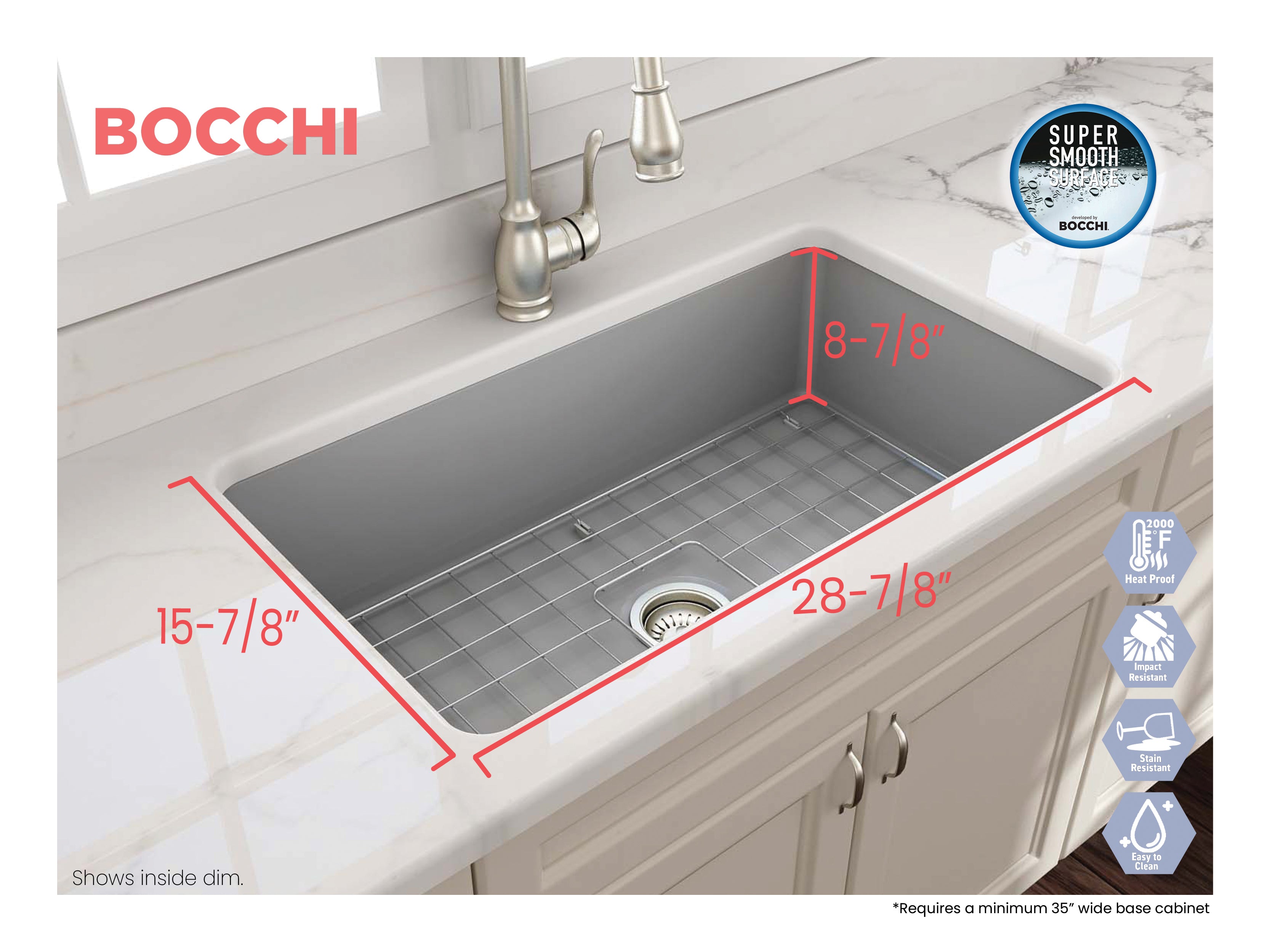 BOCCHI Sotto 32" Fireclay Undermount Single Bowl Kitchen Sink, Matte Gray, 1362-006-0120