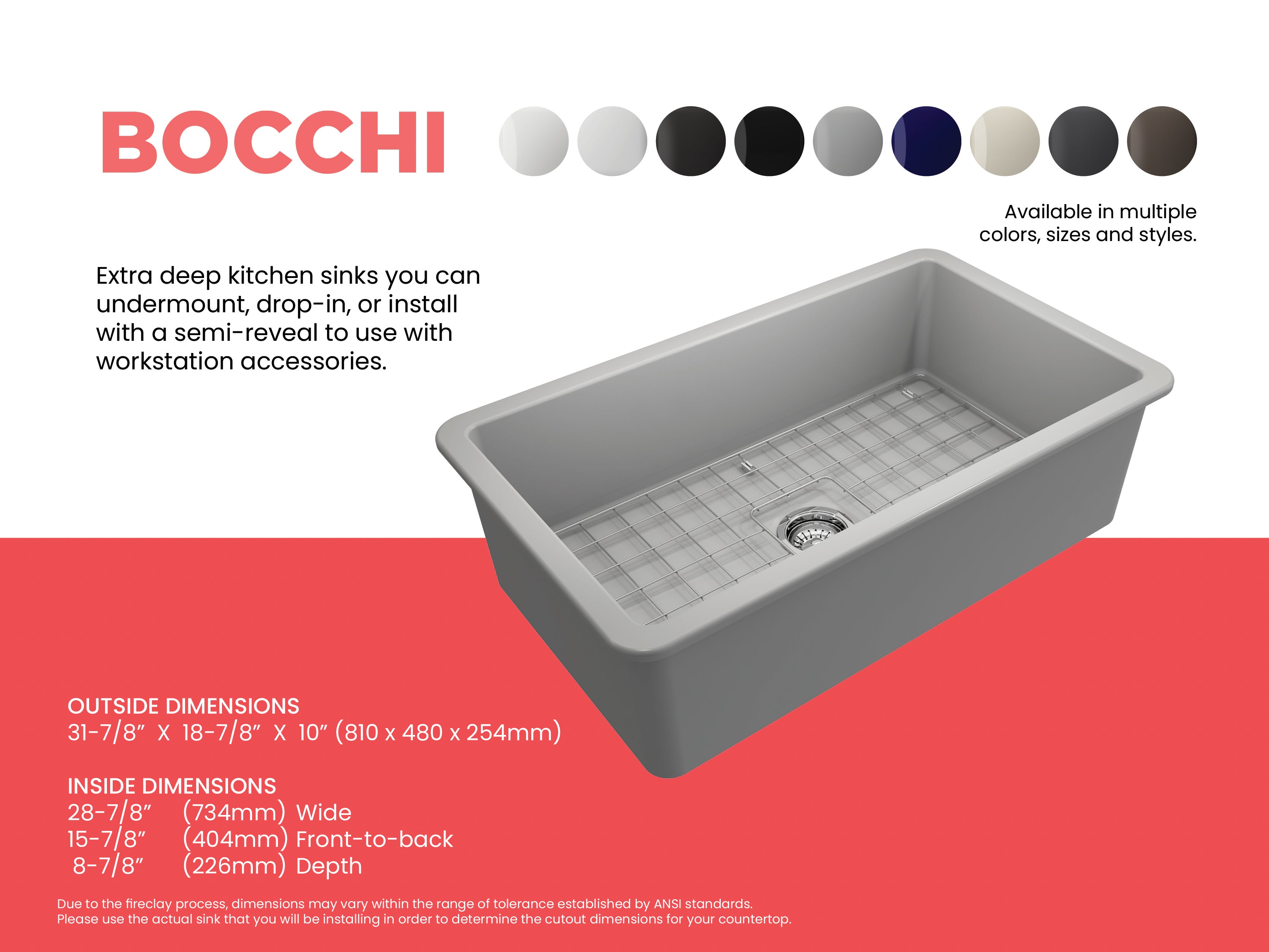 BOCCHI Sotto 32" Fireclay Undermount Single Bowl Kitchen Sink, Matte Gray, 1362-006-0120