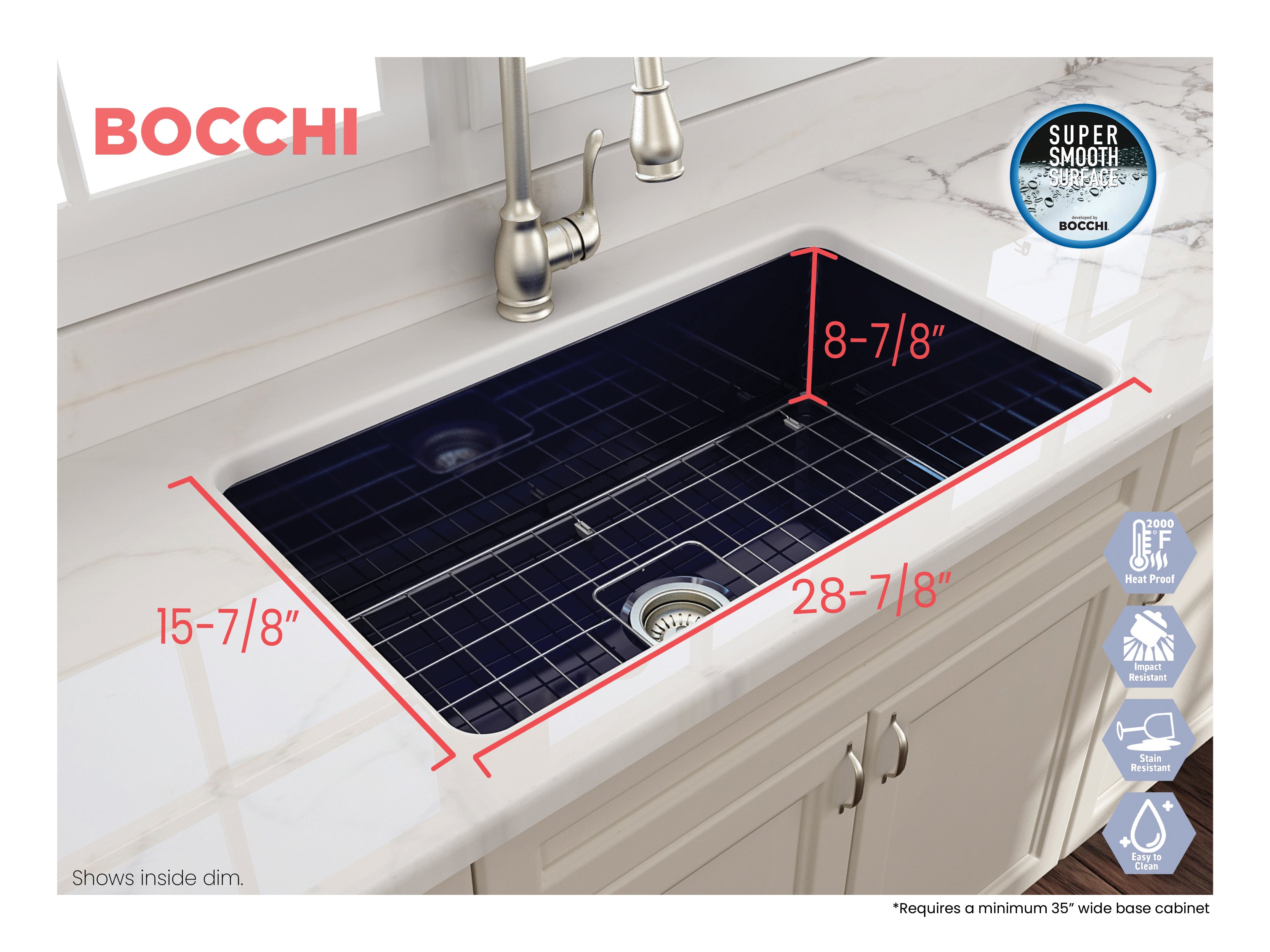 BOCCHI Sotto 32" Fireclay Undermount Single Bowl Kitchen Sink, Sapphire Blue, 1362-010-0120