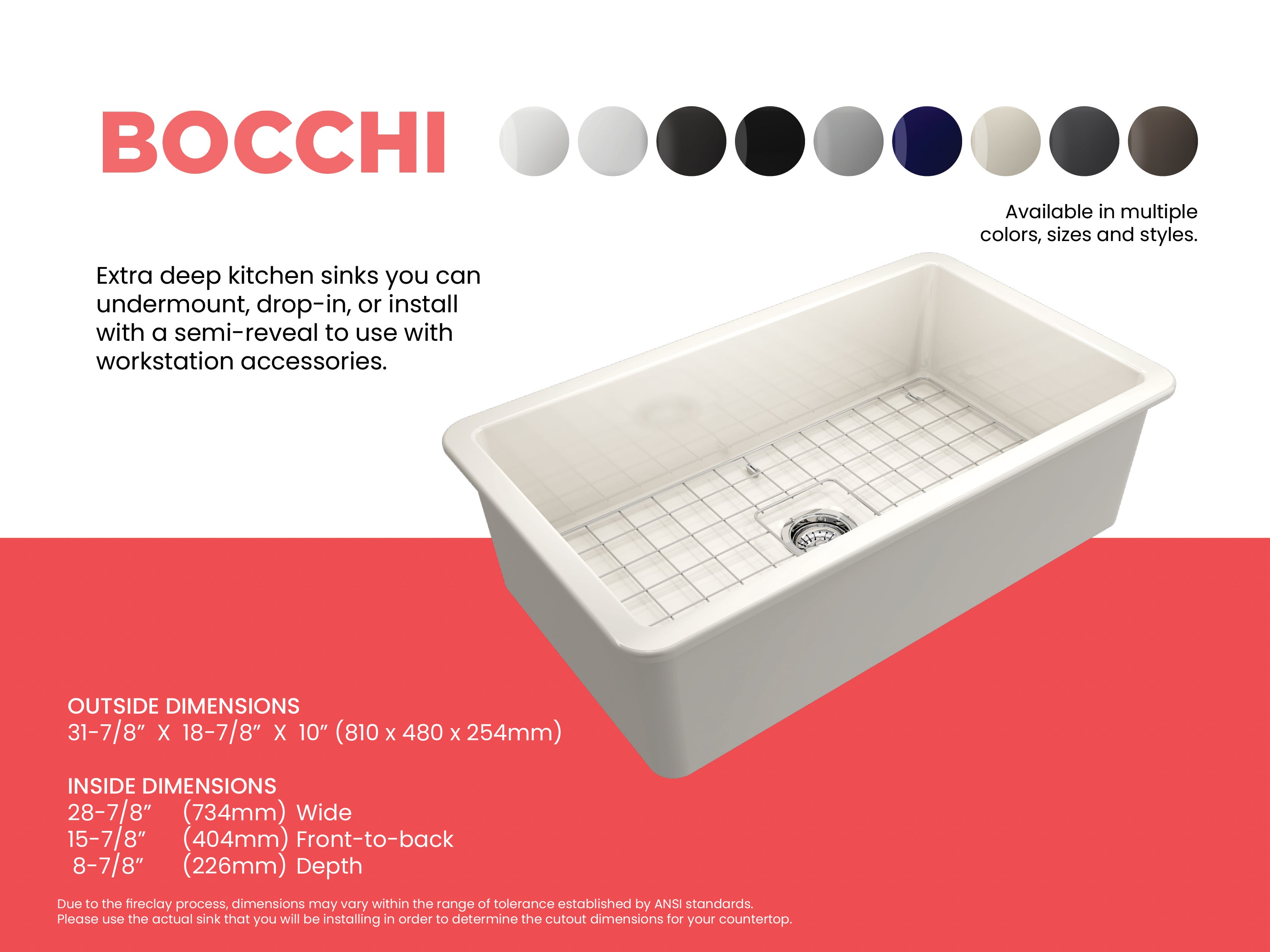 BOCCHI Sotto 32" Fireclay Undermount Single Bowl Kitchen Sink, Biscuit, 1362-014-0120