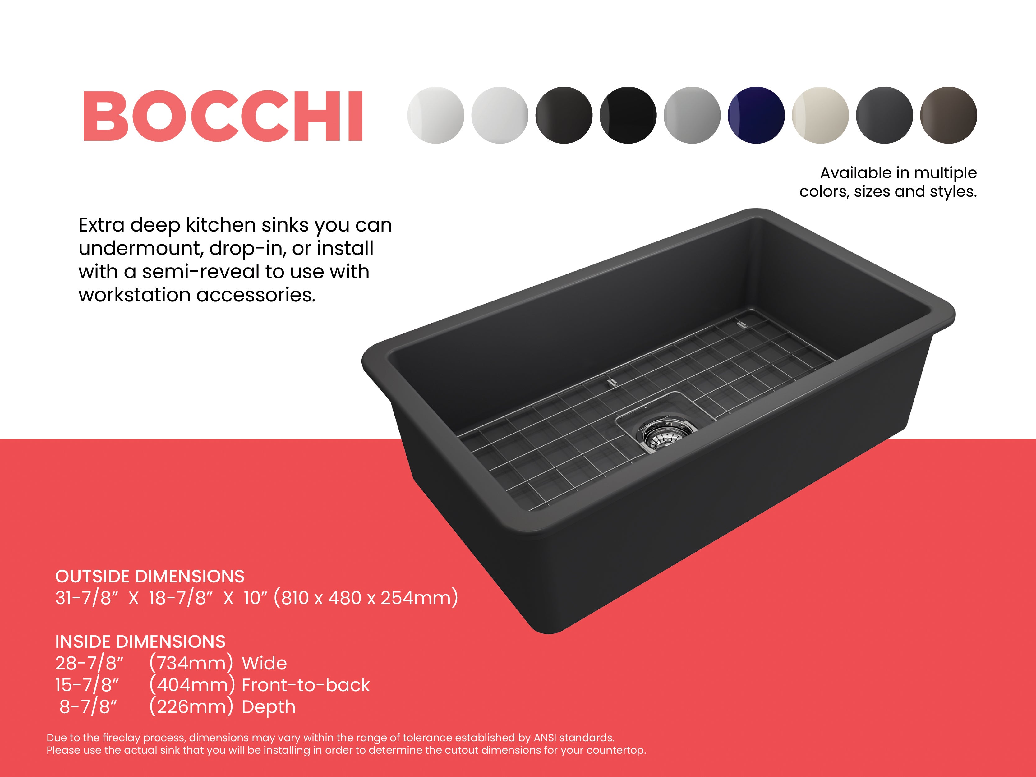BOCCHI Sotto 32" Fireclay Undermount Single Bowl Kitchen Sink, Matte Dark Gray, 1362-020-0120