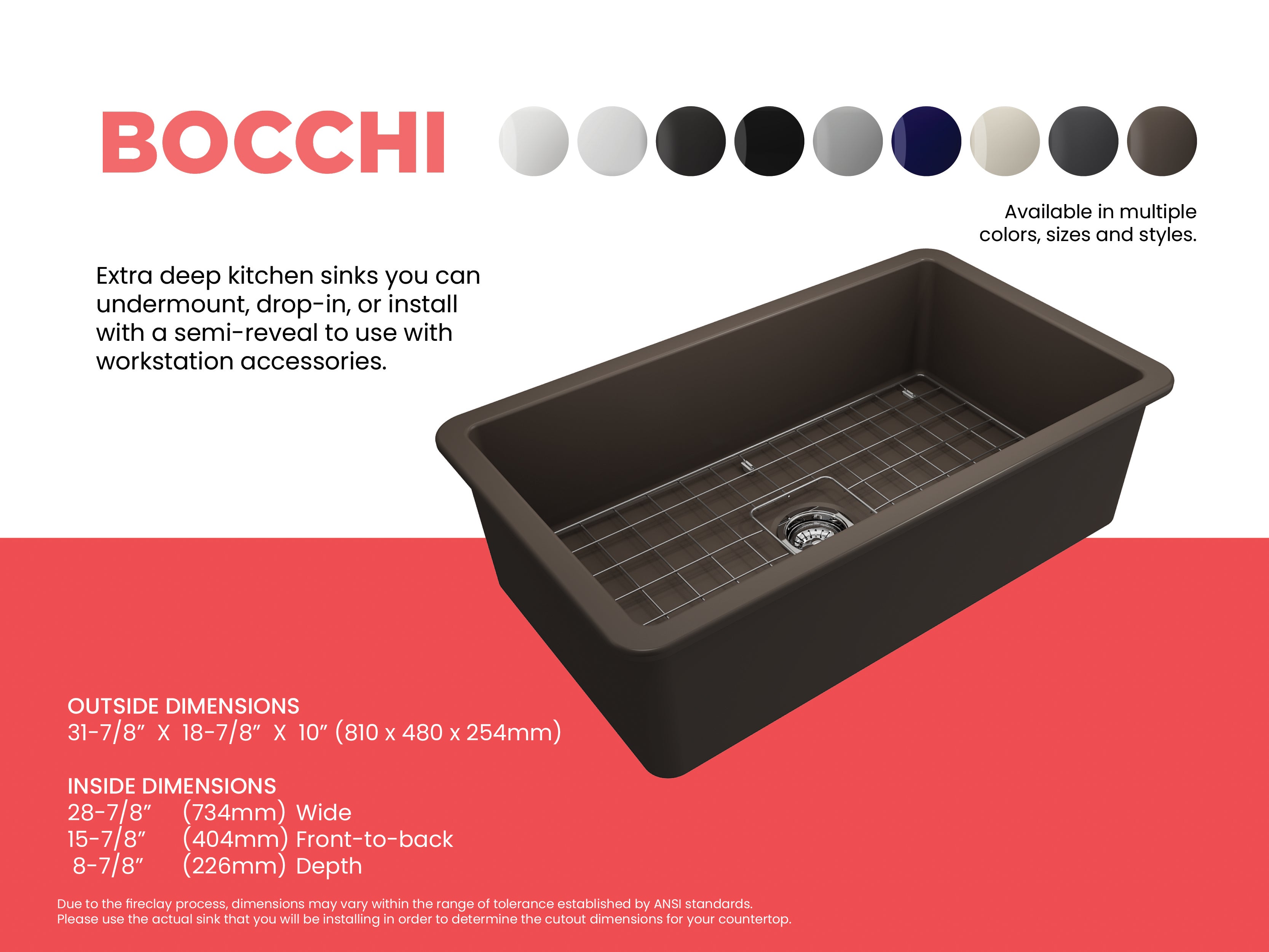 BOCCHI Sotto 32" Fireclay Undermount Single Bowl Kitchen Sink, Matte Brown, 1362-025-0120