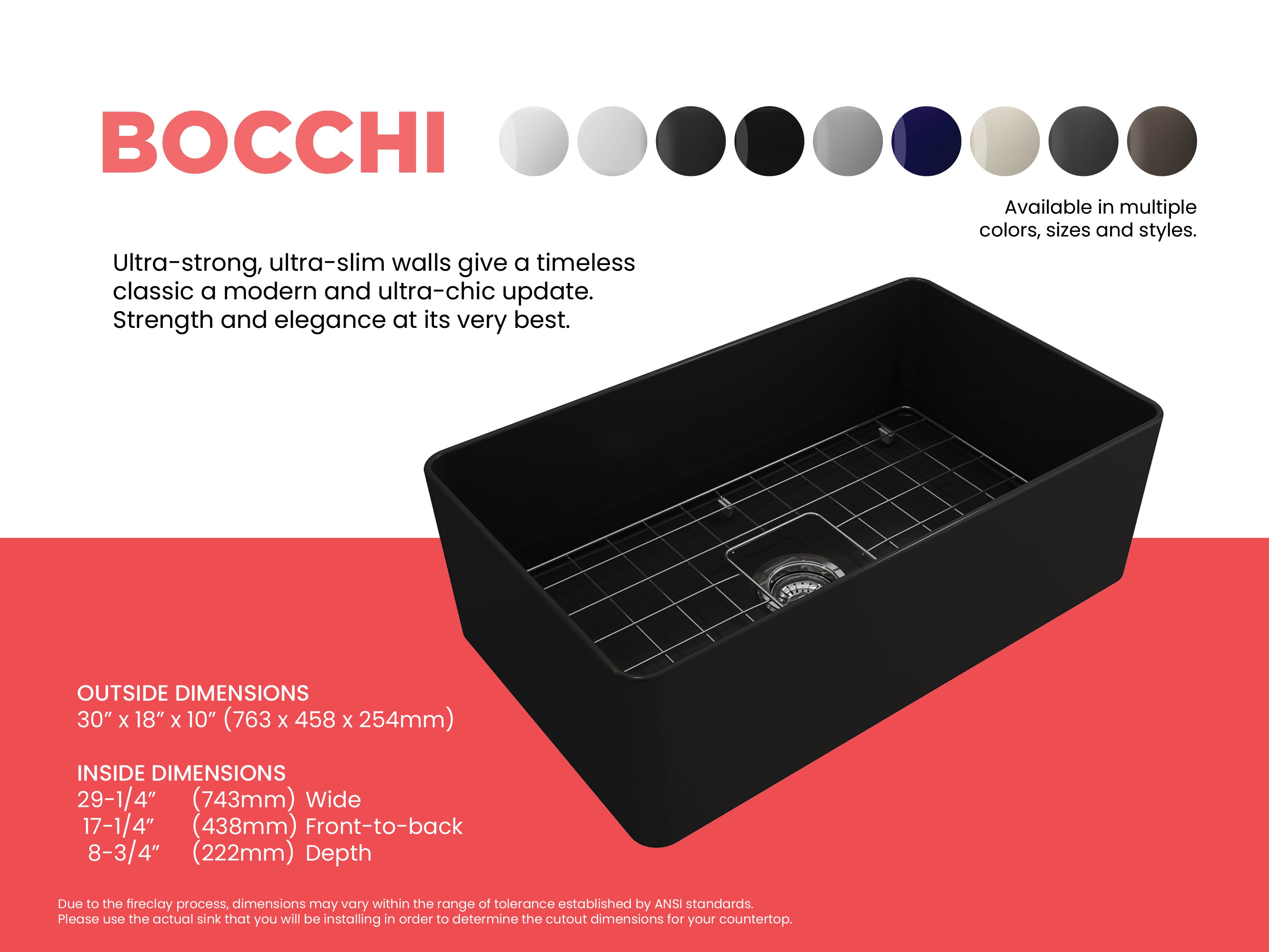 BOCCHI Aderci Ultra-Slim 30" Fireclay Farmhouse Sink, Matte Black, 1481-004-0120