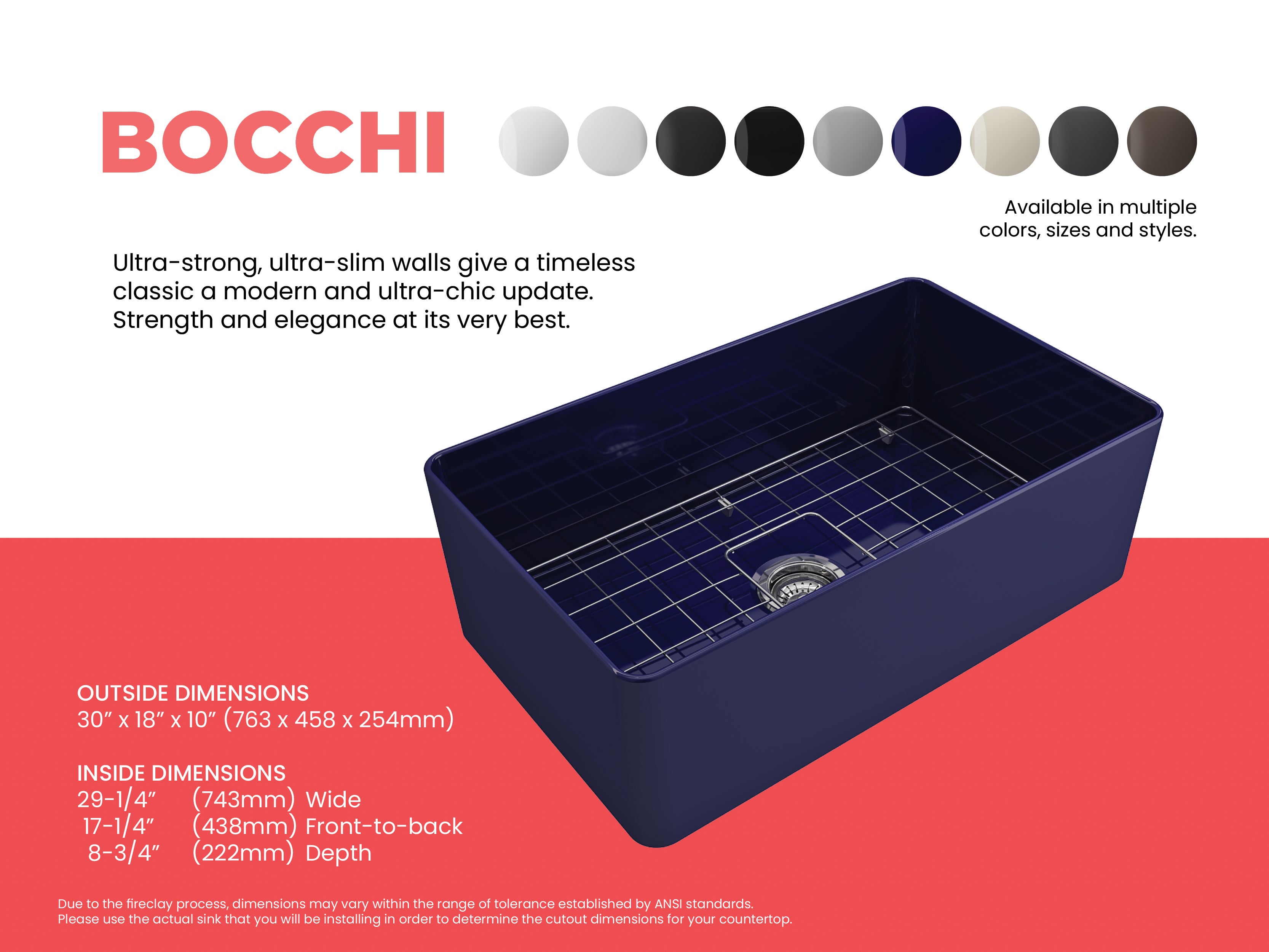 BOCCHI Aderci Ultra-Slim 30" Fireclay Farmhouse Sink, Sapphire Blue, 1481-010-0120