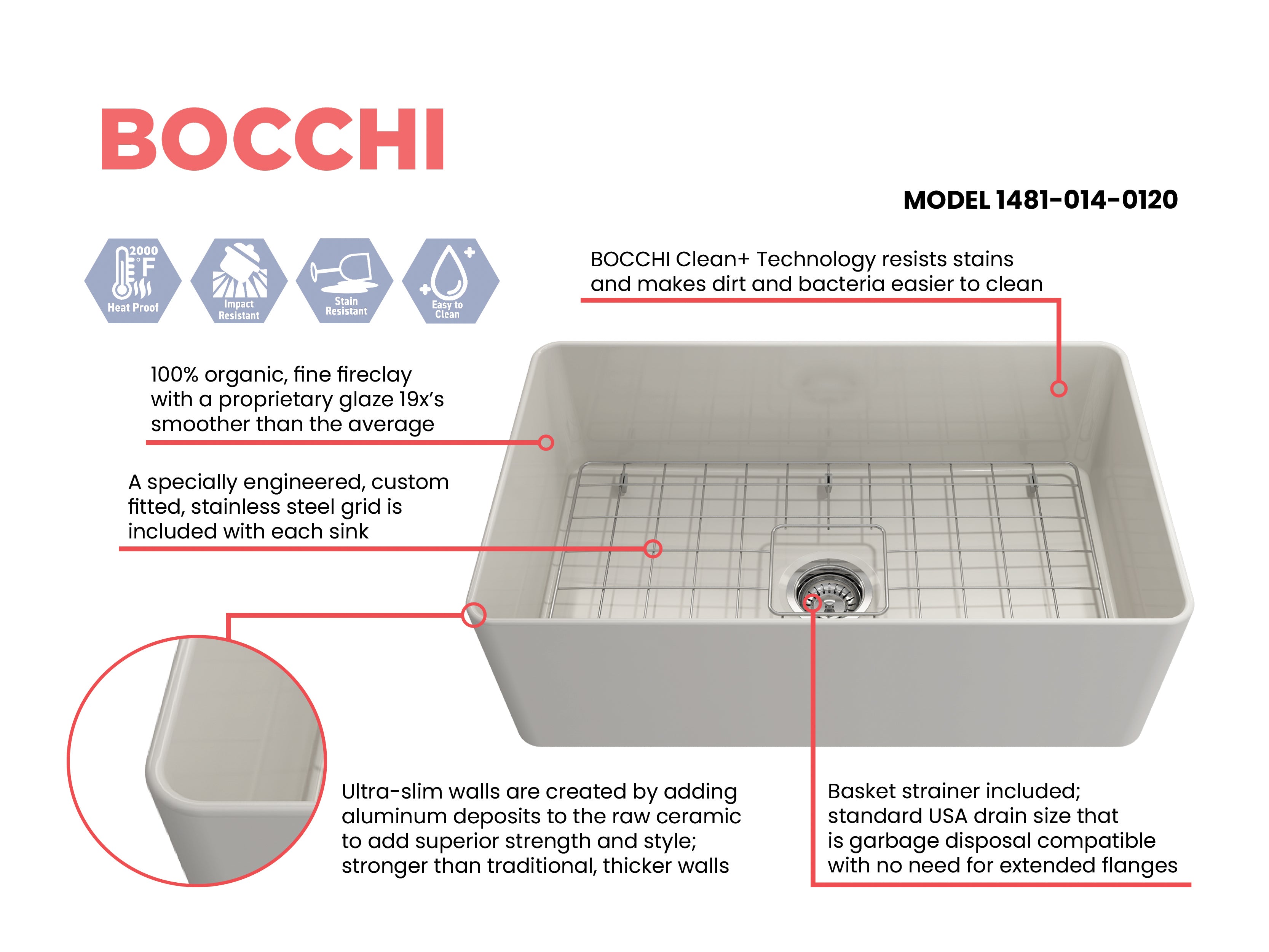 BOCCHI Aderci Ultra-Slim 30" Fireclay Farmhouse Sink, Biscuit, 1481-014-0120