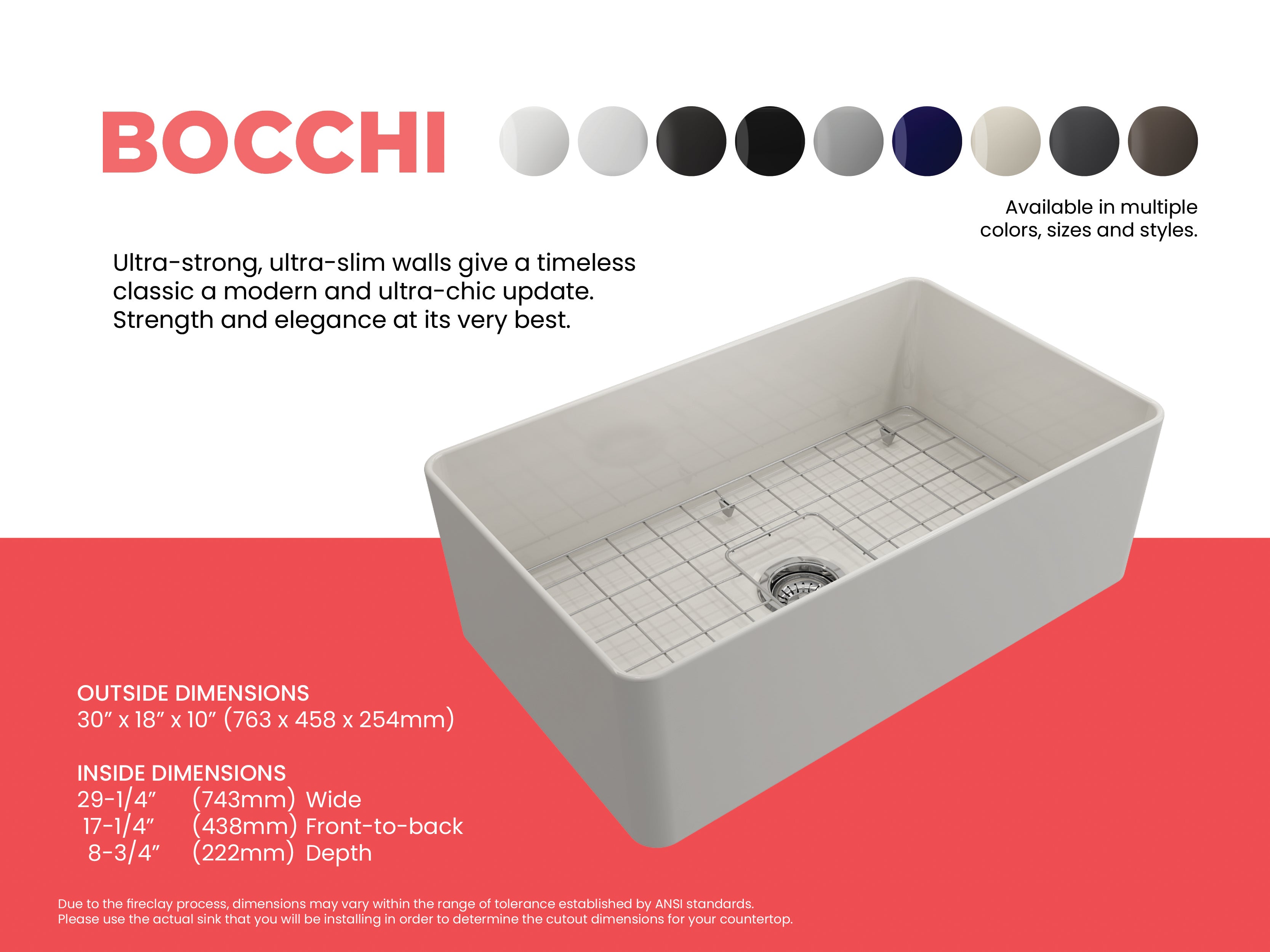 BOCCHI Aderci Ultra-Slim 30" Fireclay Farmhouse Sink, Biscuit, 1481-014-0120