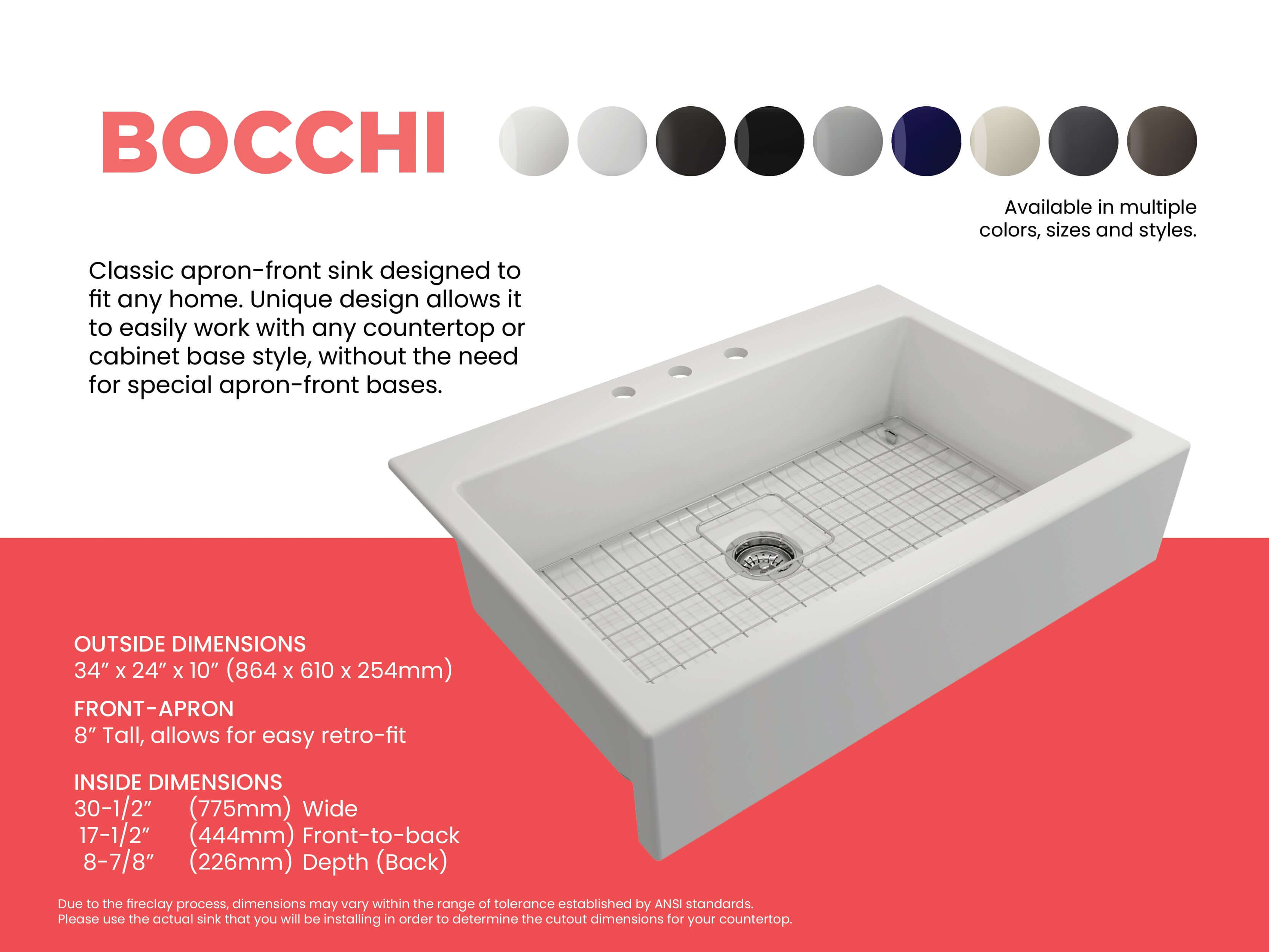 BOCCHI Nuova 34" Fireclay Retrofit Drop-In Farmhouse Sink with Accessories, Matte White, 1500-002-0127