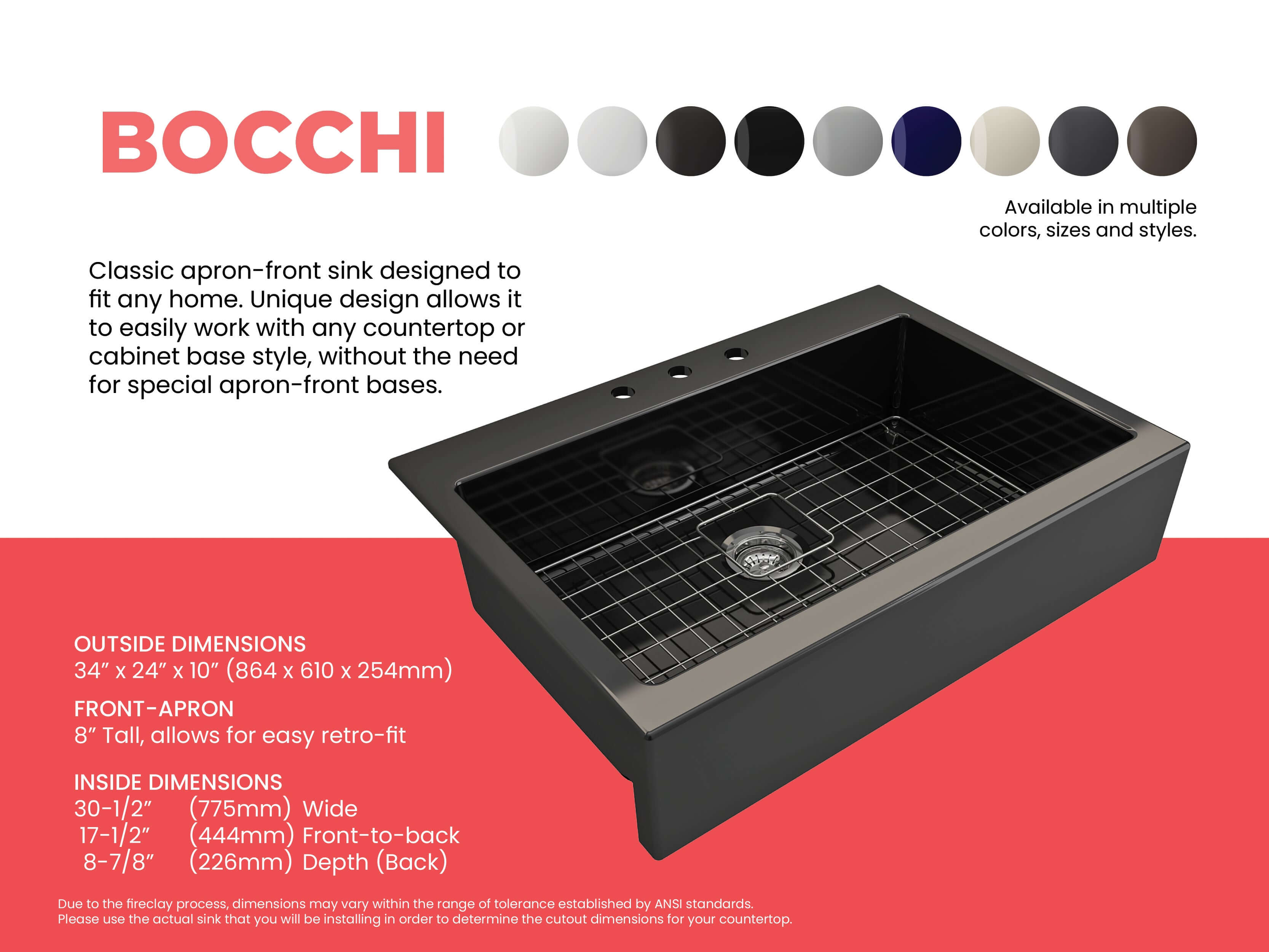BOCCHI Nuova 34" Fireclay Retrofit Drop-In Farmhouse Sink with Accessories, Black, 1500-005-0127