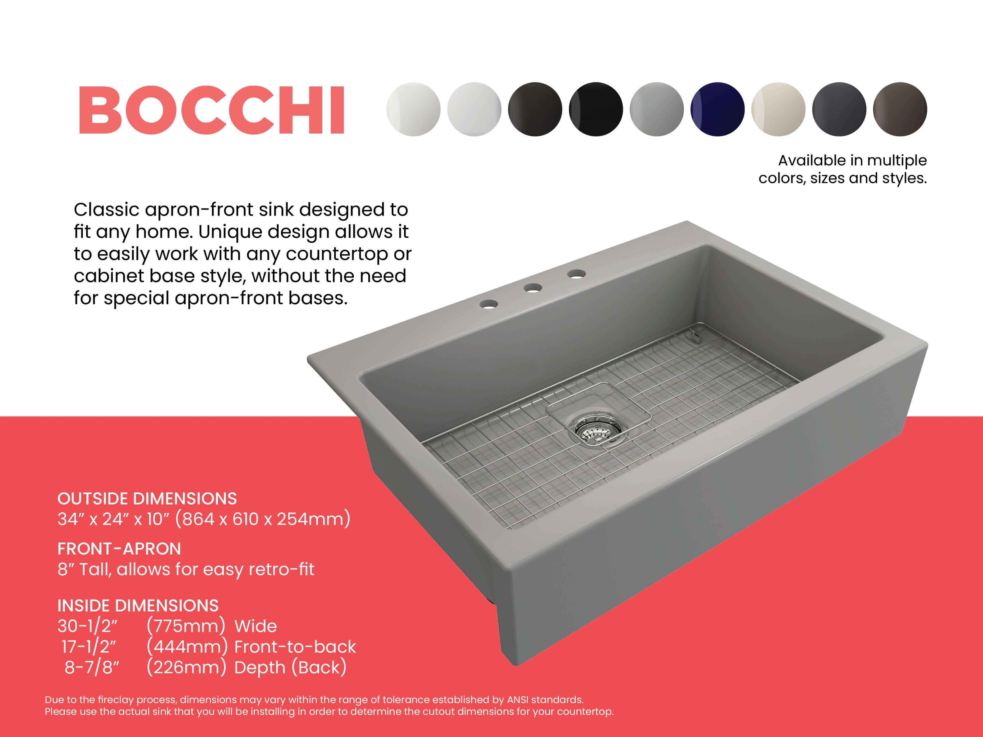 BOCCHI Nuova 34" Fireclay Retrofit Drop-In Farmhouse Sink with Accessories, Matte Gray, 1500-006-0127