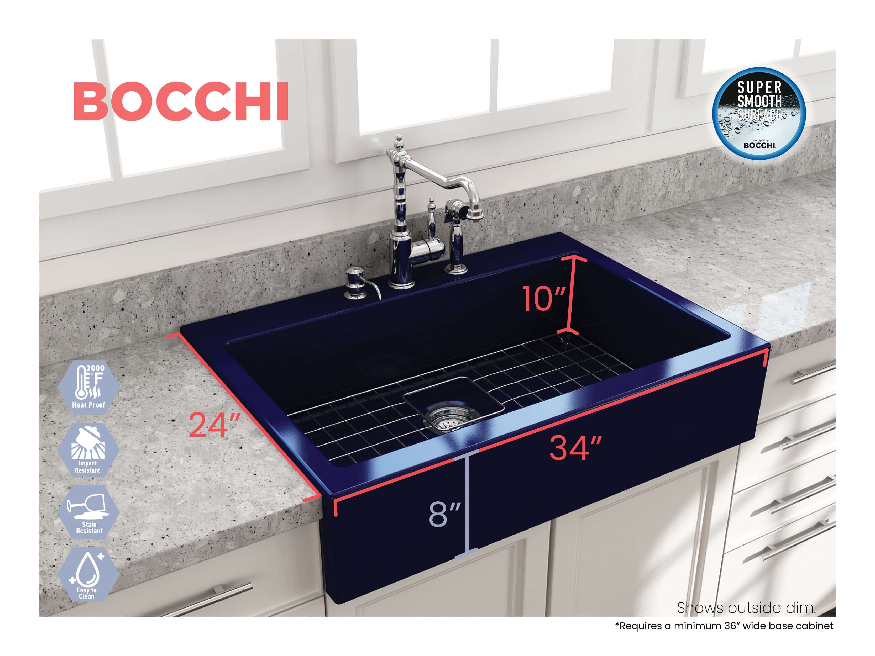 BOCCHI Nuova 34" Fireclay Retrofit Drop-In Farmhouse Sink with Accessories, Sapphire Blue, 1500-010-0127