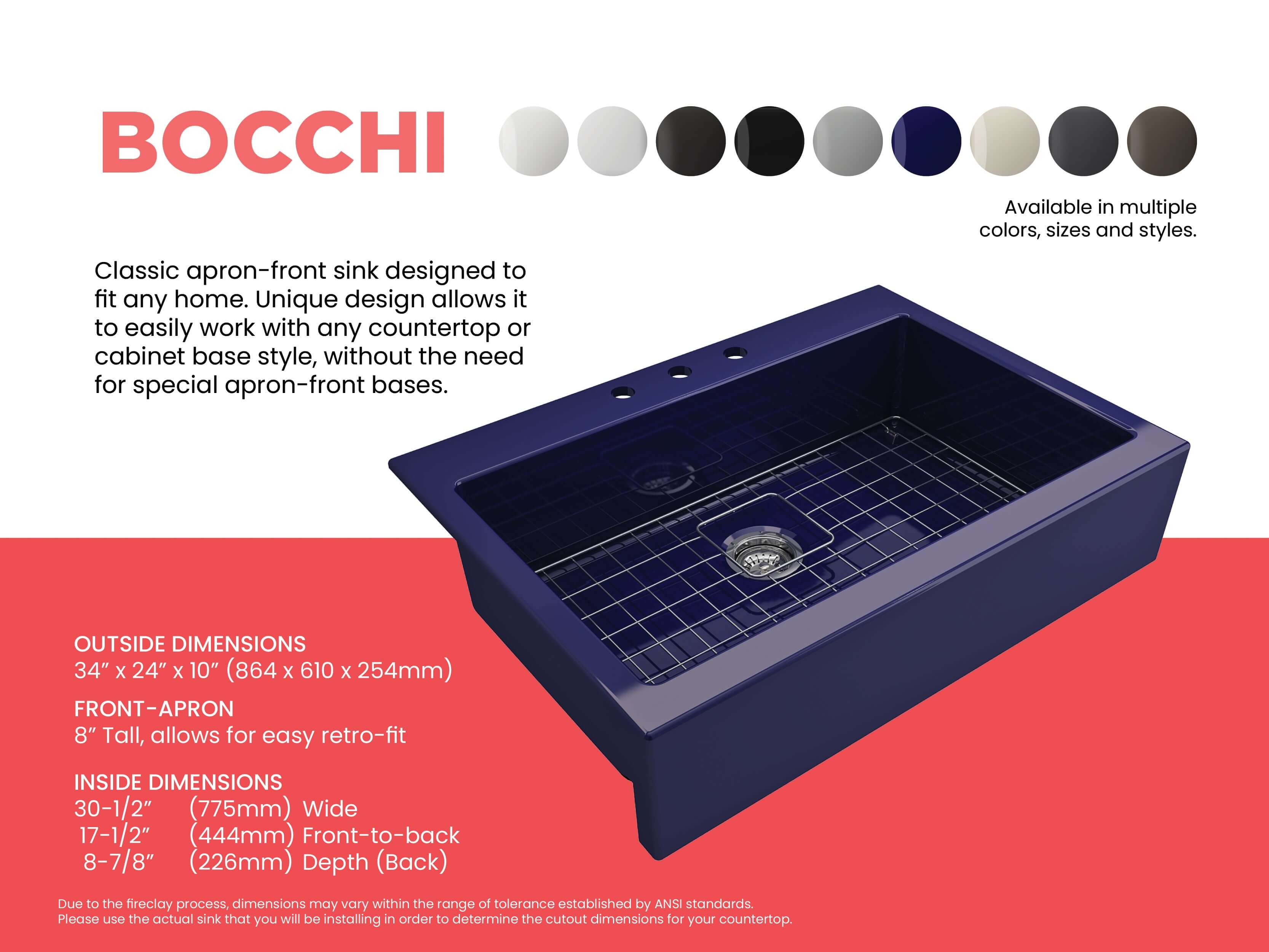 BOCCHI Nuova 34" Fireclay Retrofit Drop-In Farmhouse Sink with Accessories, Sapphire Blue, 1500-010-0127