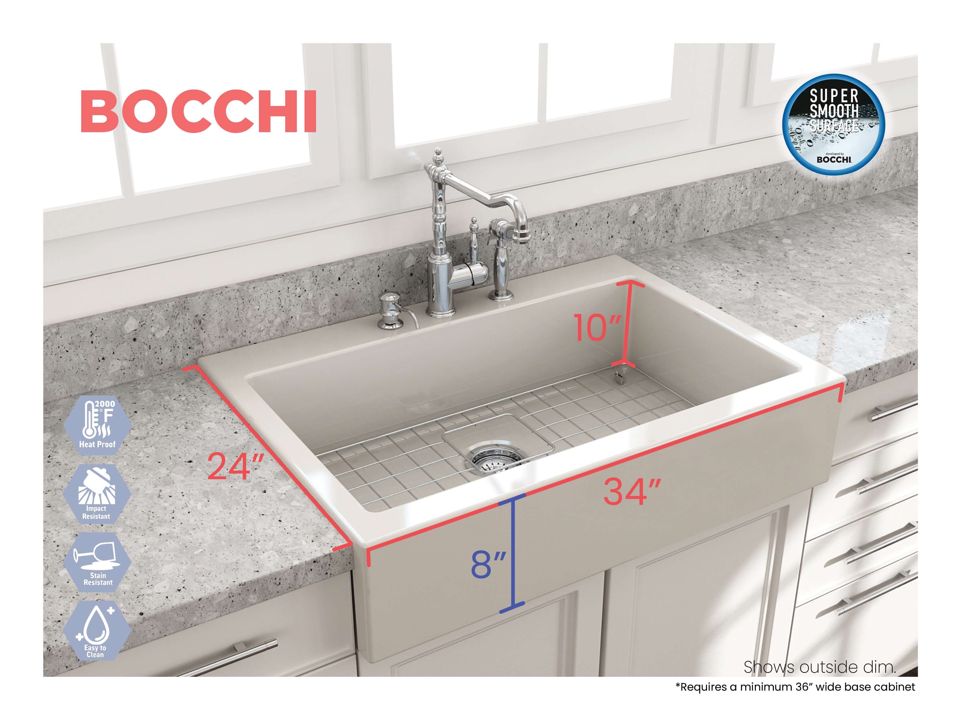 BOCCHI Nuova 34" Fireclay Retrofit Drop-In Farmhouse Sink with Accessories, Biscuit, 1500-014-0127