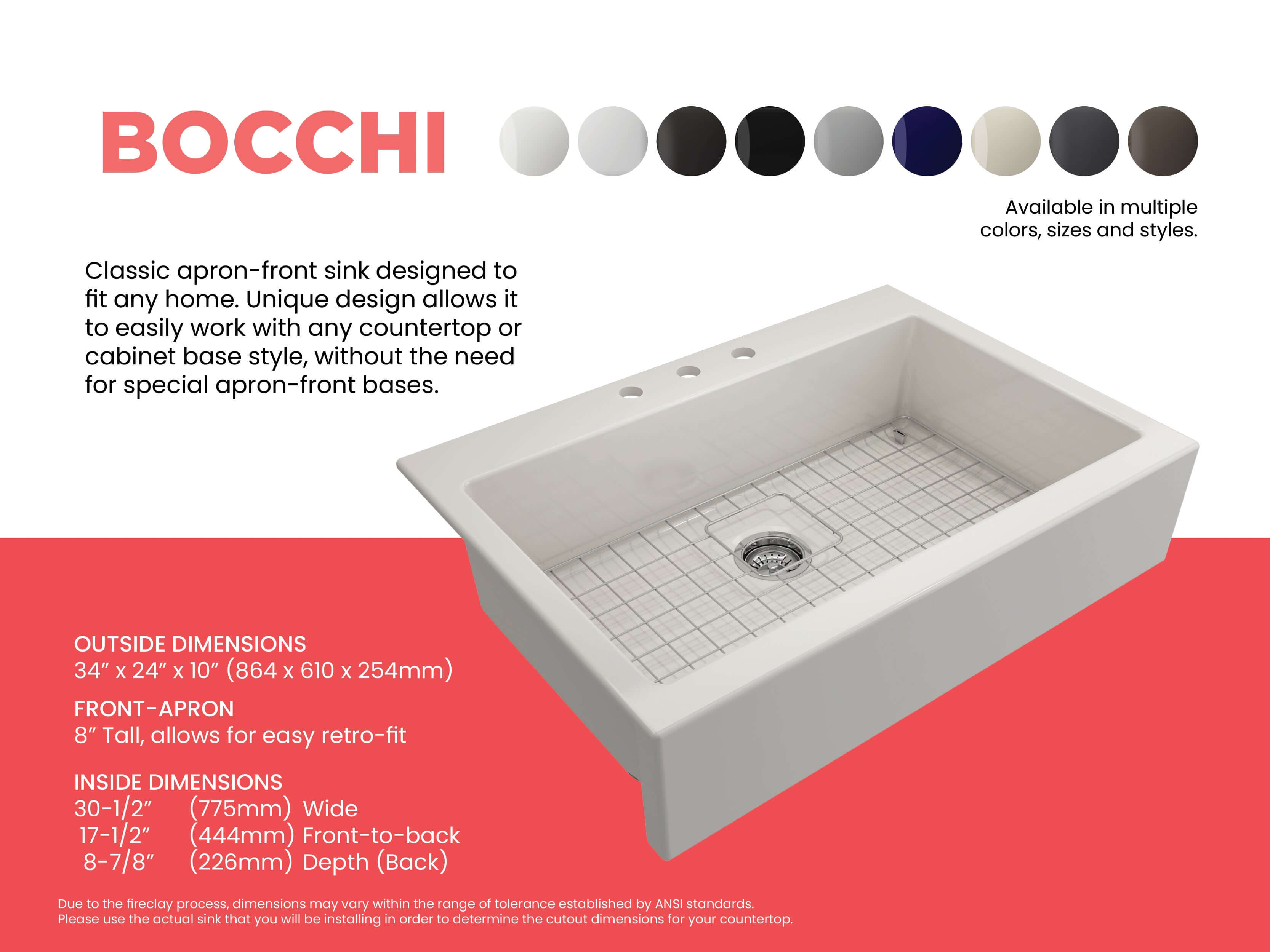 BOCCHI Nuova 34" Fireclay Retrofit Drop-In Farmhouse Sink with Accessories, Biscuit, 1500-014-0127