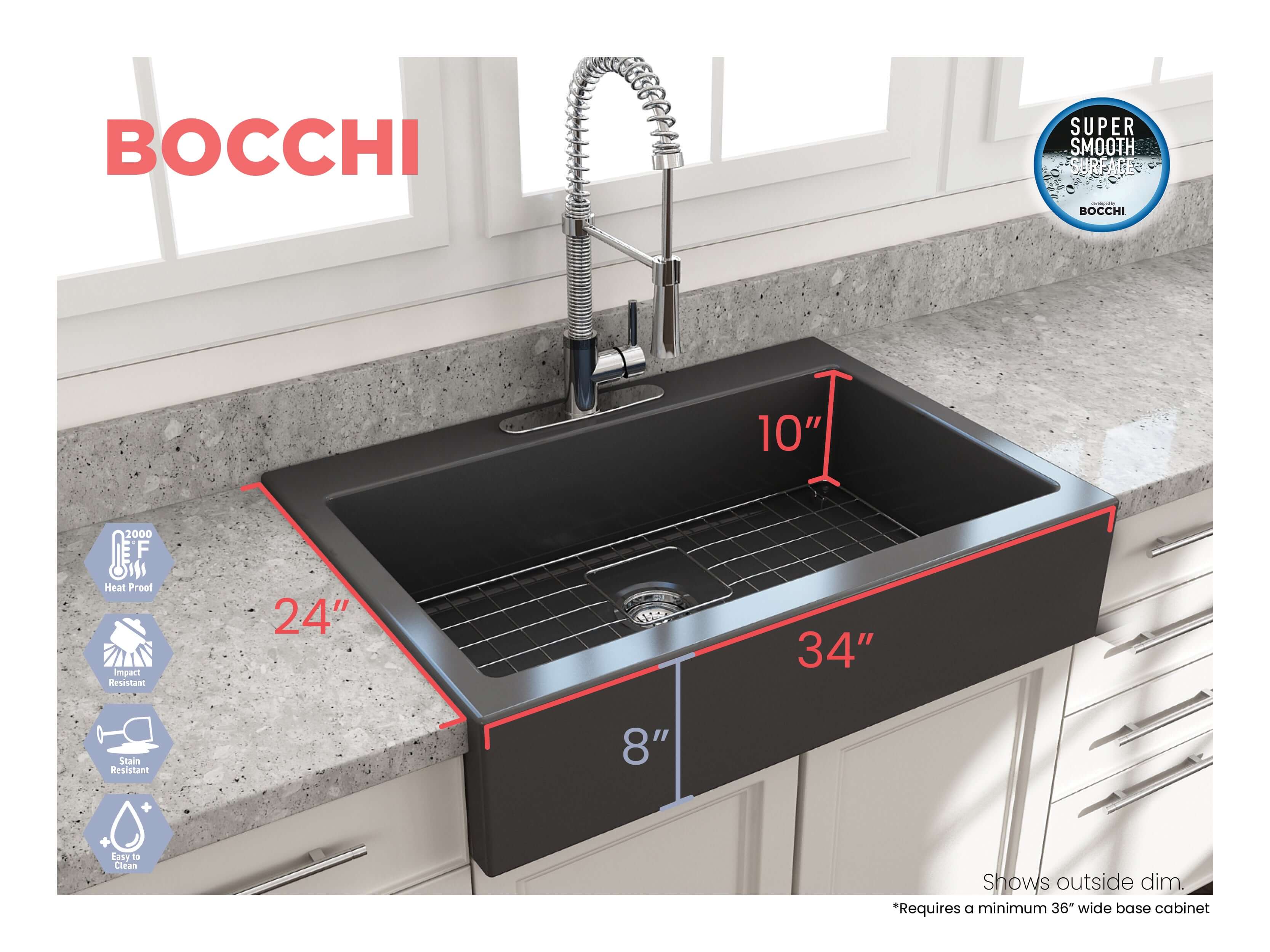BOCCHI Nuova 34" Fireclay Retrofit Drop-In Farmhouse Sink with Accessories, Matte Dark Gray, 1500-020-0127