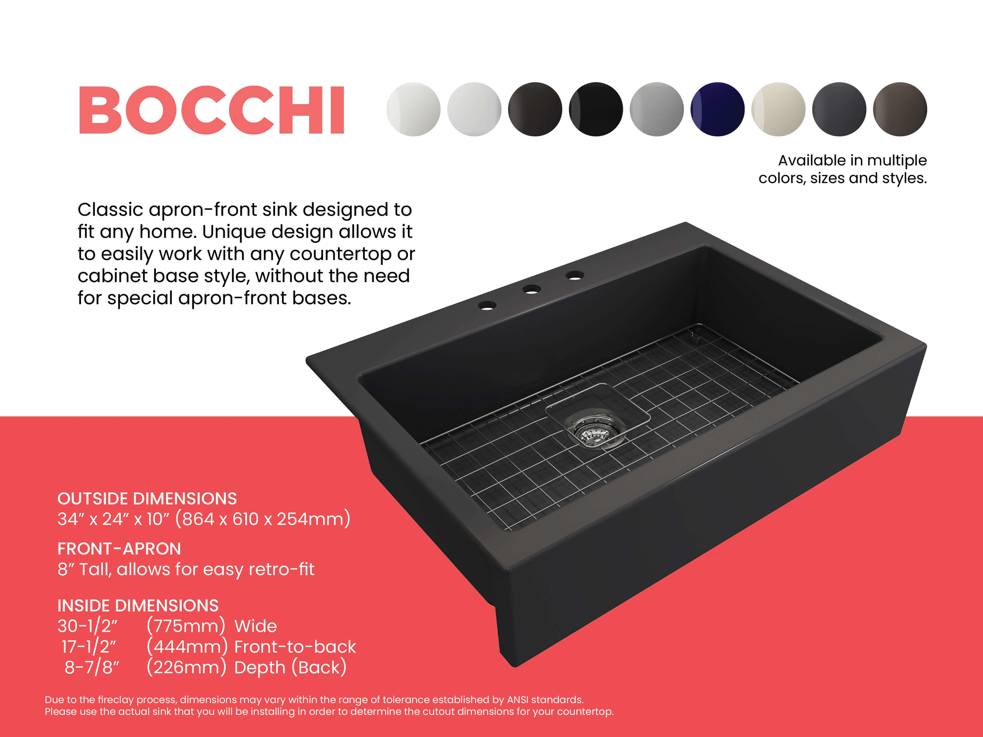 BOCCHI Nuova 34" Fireclay Retrofit Drop-In Farmhouse Sink with Accessories, Matte Dark Gray, 1500-020-0127