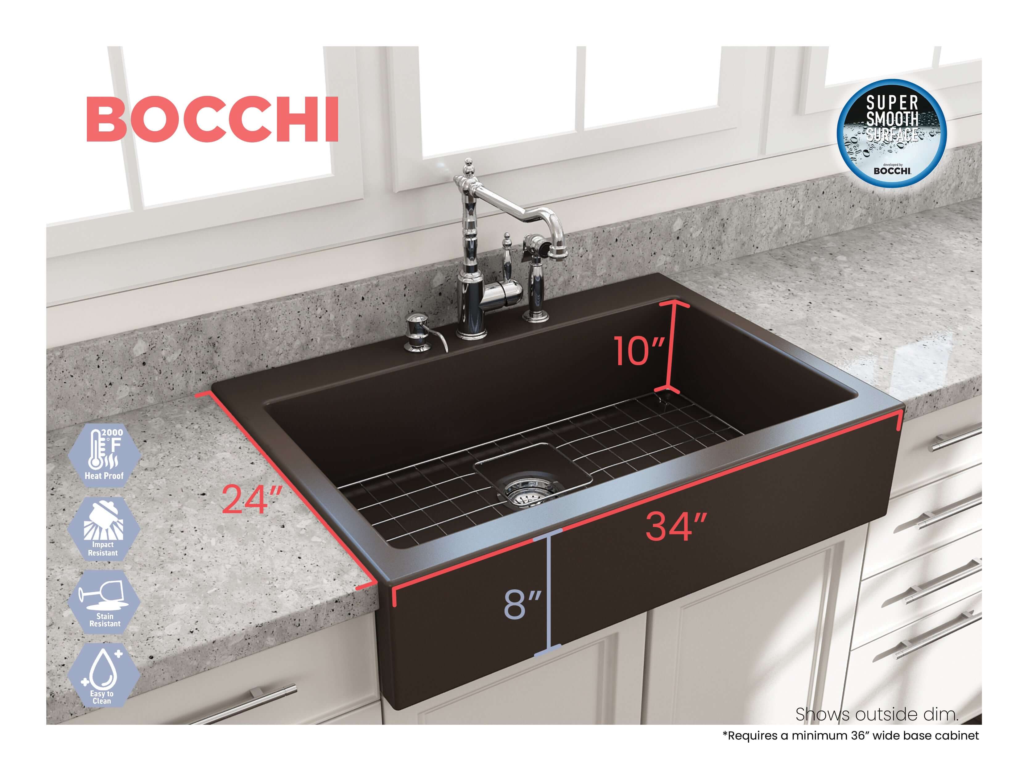 BOCCHI Nuova 34" Fireclay Retrofit Drop-In Farmhouse Sink with Accessories, Matte Brown, 1500-025-0127