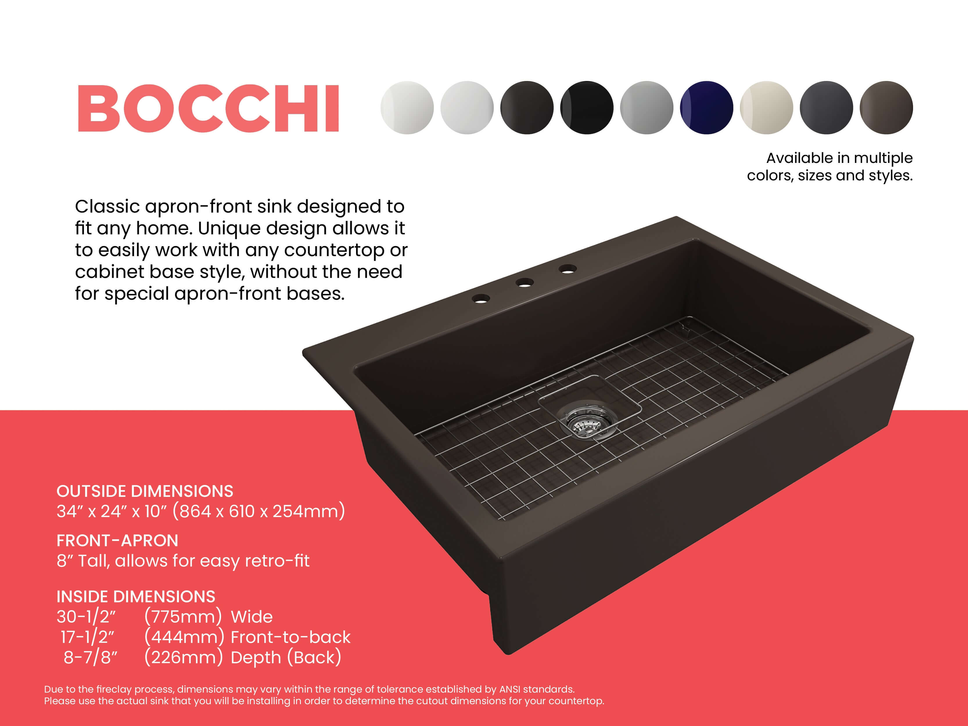 BOCCHI Nuova 34" Fireclay Retrofit Drop-In Farmhouse Sink with Accessories, Matte Brown, 1500-025-0127