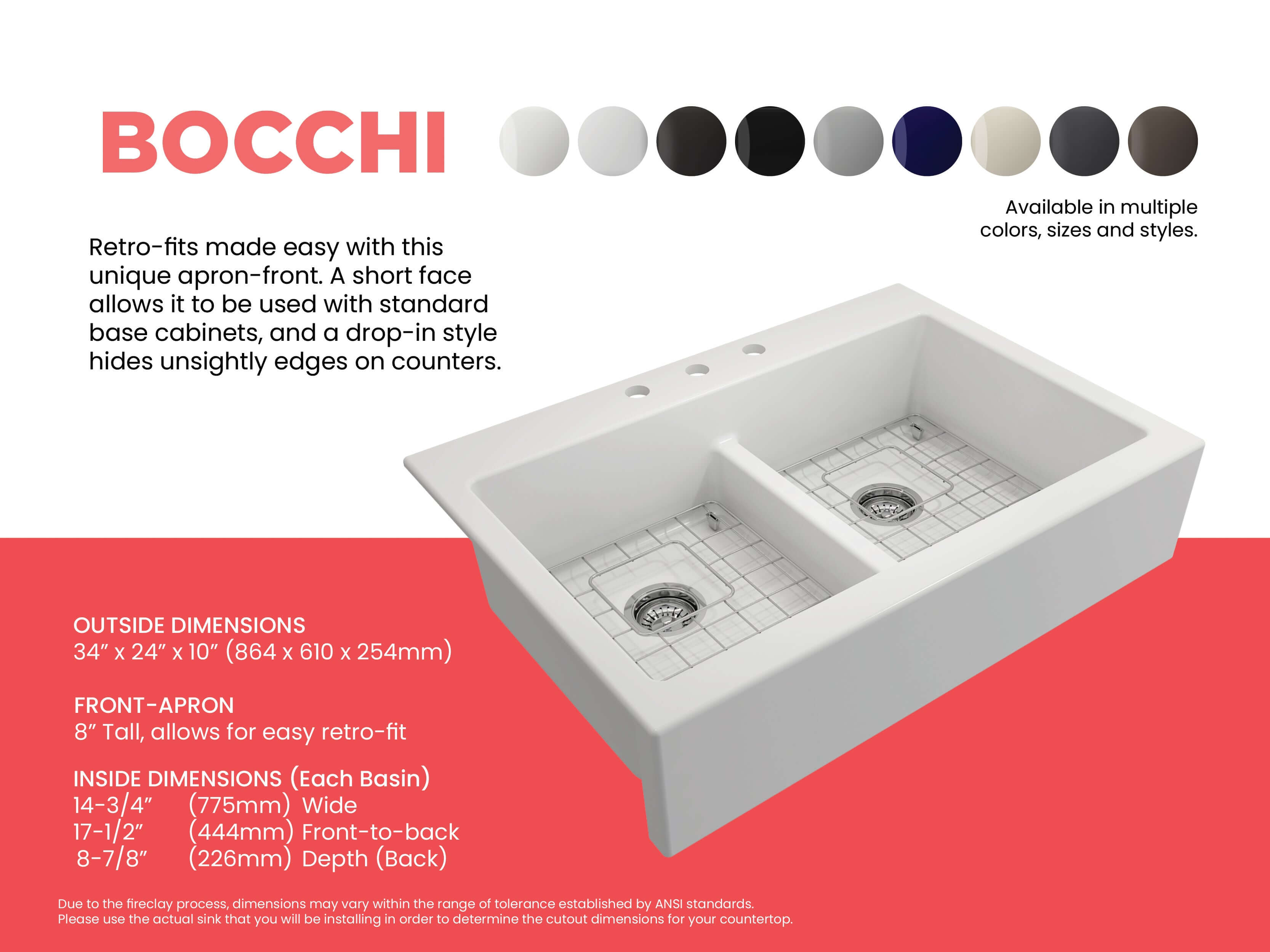 BOCCHI Nuova 34" Fireclay Retrofit Drop-In Farmhouse Sink with Accessories, 50/50 Double Bowl, Matte White, 1501-002-0127