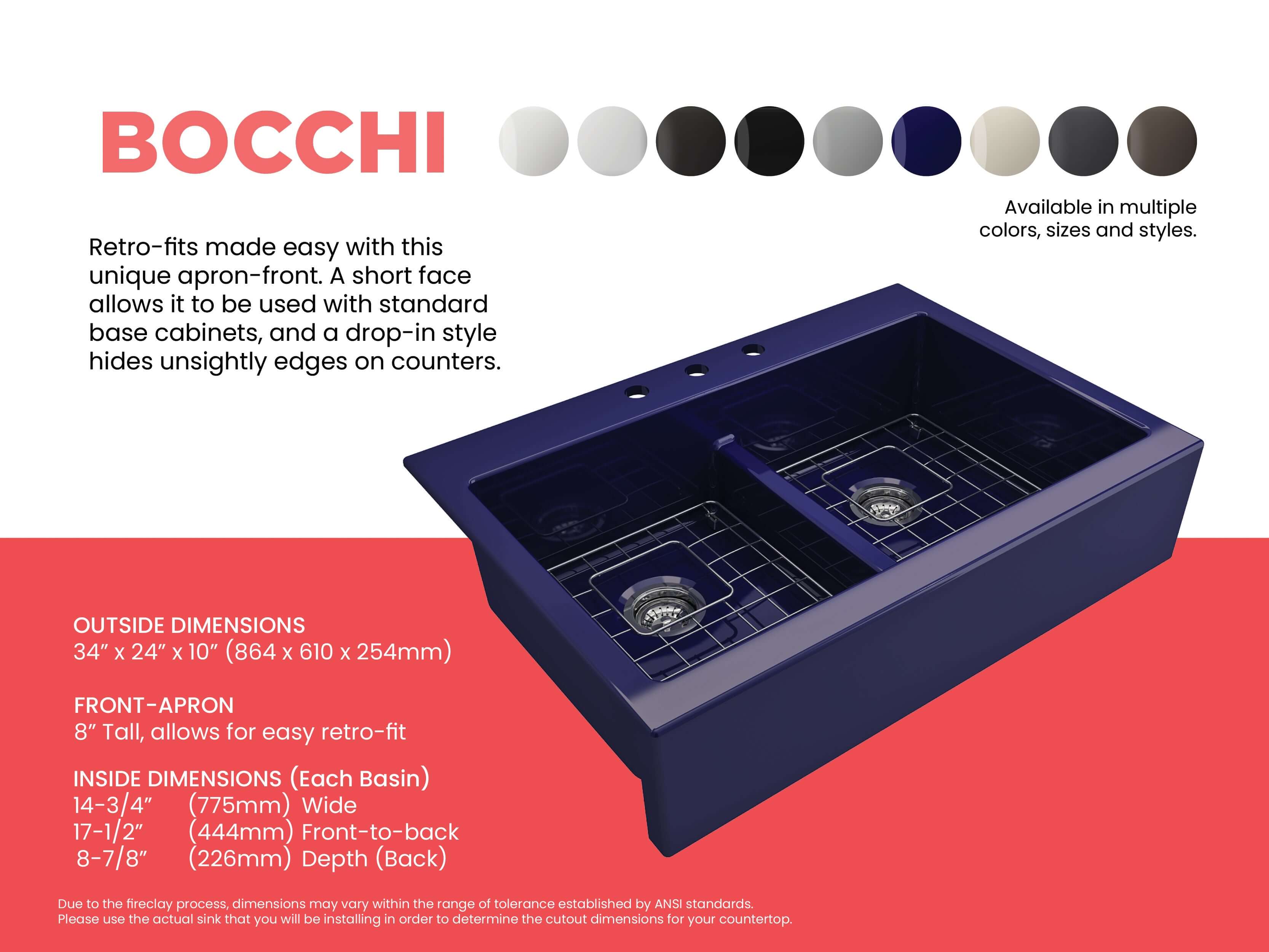 BOCCHI Nuova 34" Fireclay Retrofit Drop-In Farmhouse Sink with Accessories, 50/50 Double Bowl, Sapphire Blue, 1501-010-0127